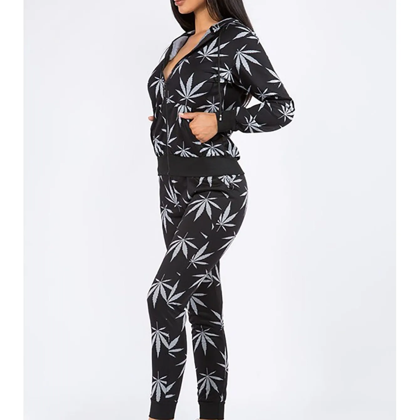 2-Piece Women's Bundle Set Left Pattern Graphic Print Weed Zip Up Stretch Long Sleeve Hoodie & Drawstring Joggers Pants Casual Warm Fleece Lined