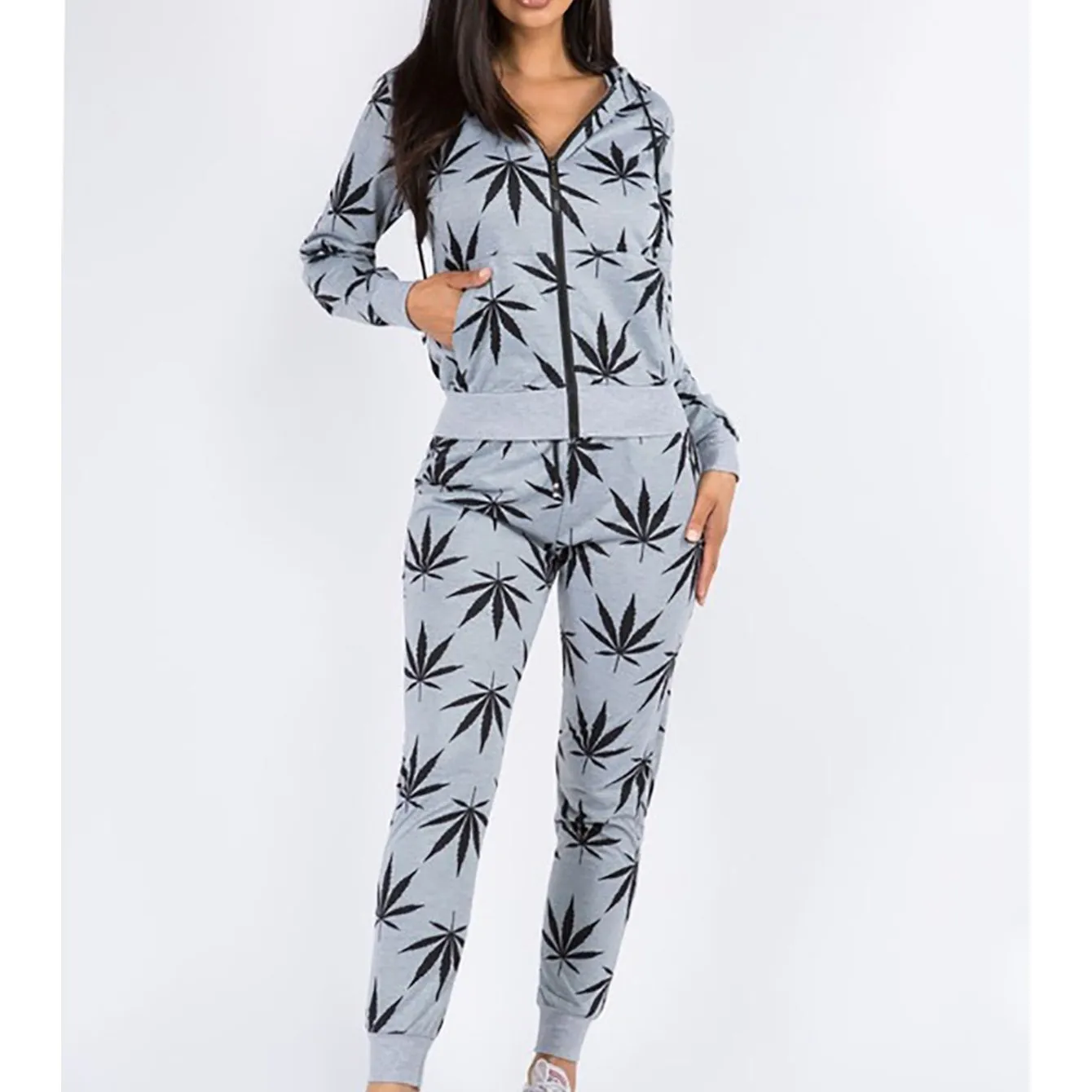 2-Piece Women's Bundle Set Left Pattern Graphic Print Weed Zip Up Stretch Long Sleeve Hoodie & Drawstring Joggers Pants Casual Warm Fleece Lined
