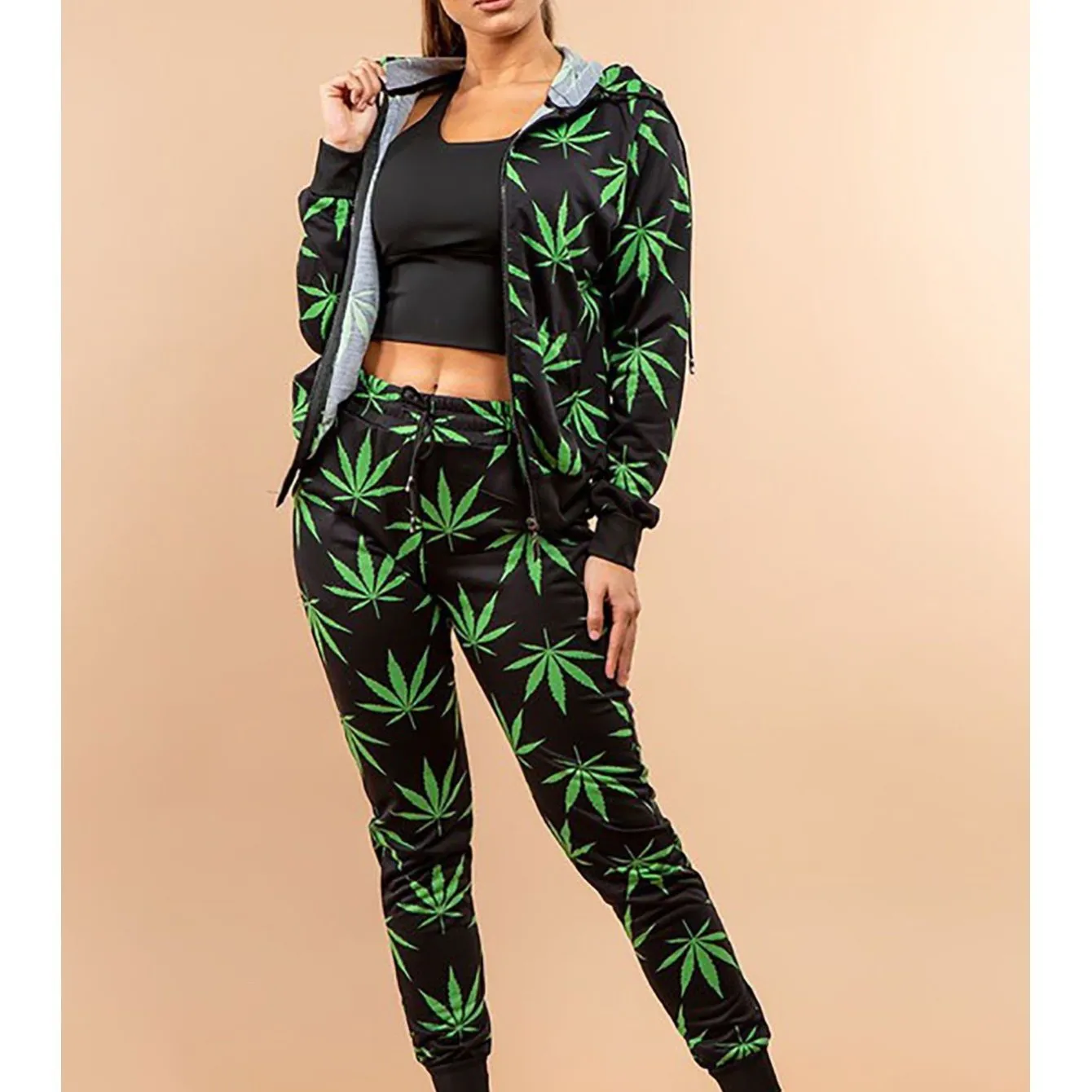 2-Piece Women's Bundle Set Left Pattern Graphic Print Weed Zip Up Stretch Long Sleeve Hoodie & Drawstring Joggers Pants Casual Warm Fleece Lined