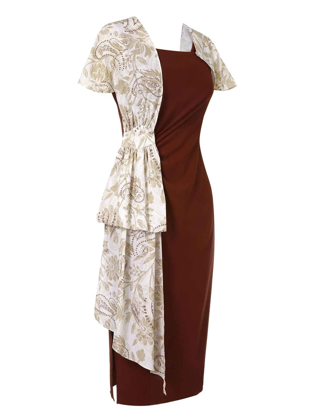 2PCS 1960s Solid Bodycon Dress & Floral Outwear