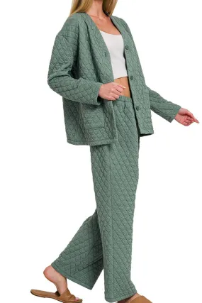 30% OFF! Zenana Fireside Cozy Ash Jade Quilted Jacket and Pants Set