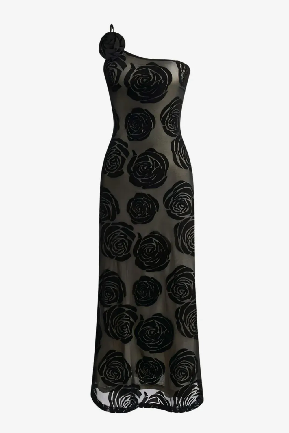 A&A Mayfair One Shoulder Mesh Flower Maxi Dress