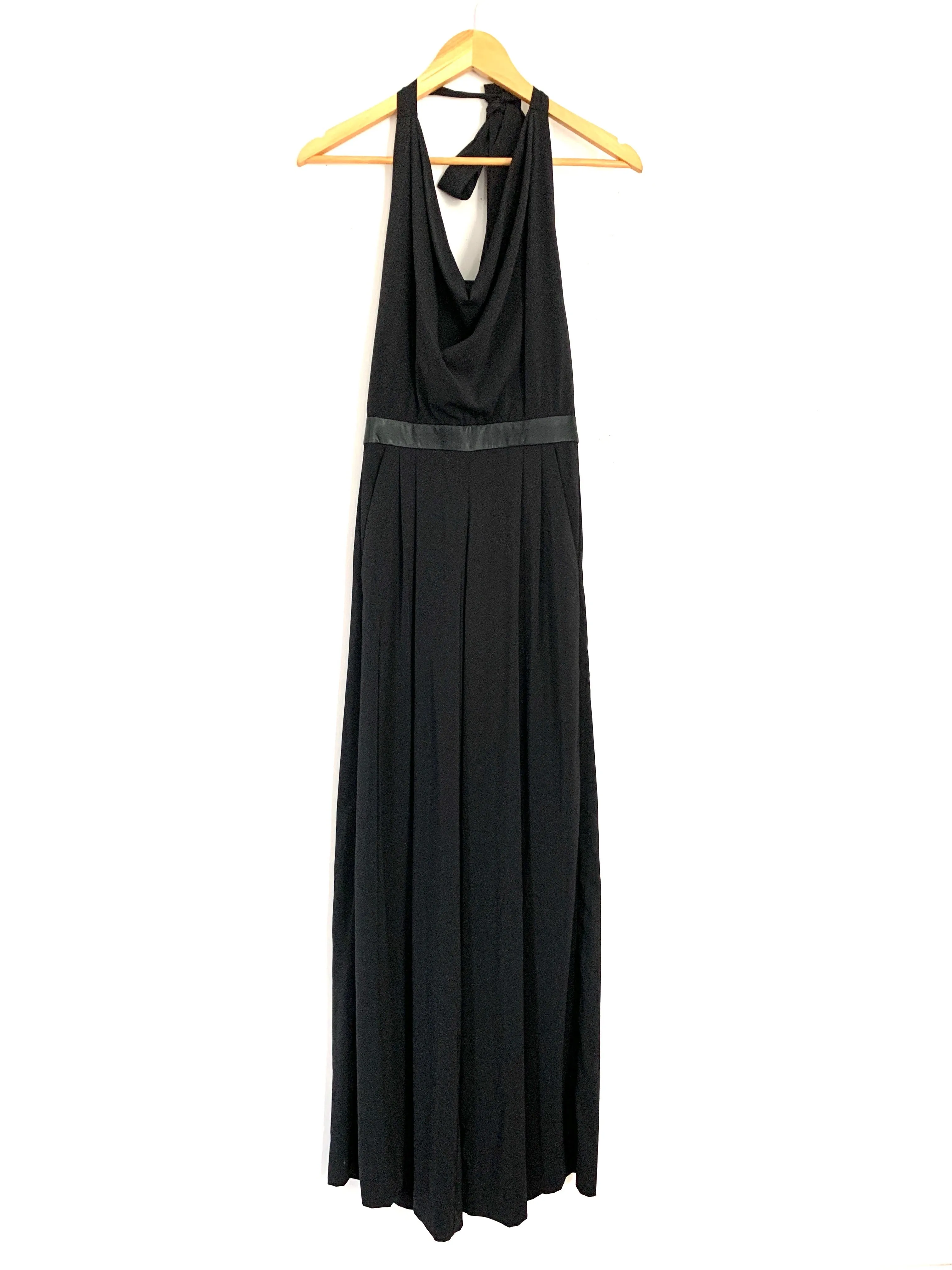 Alice & Olivia Black Halter Jumpsuit with Leather Waist and Exposed Back- Size 0