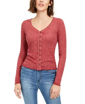 Almost Famous Junior's V Neck Button Front Shirt Burgundy