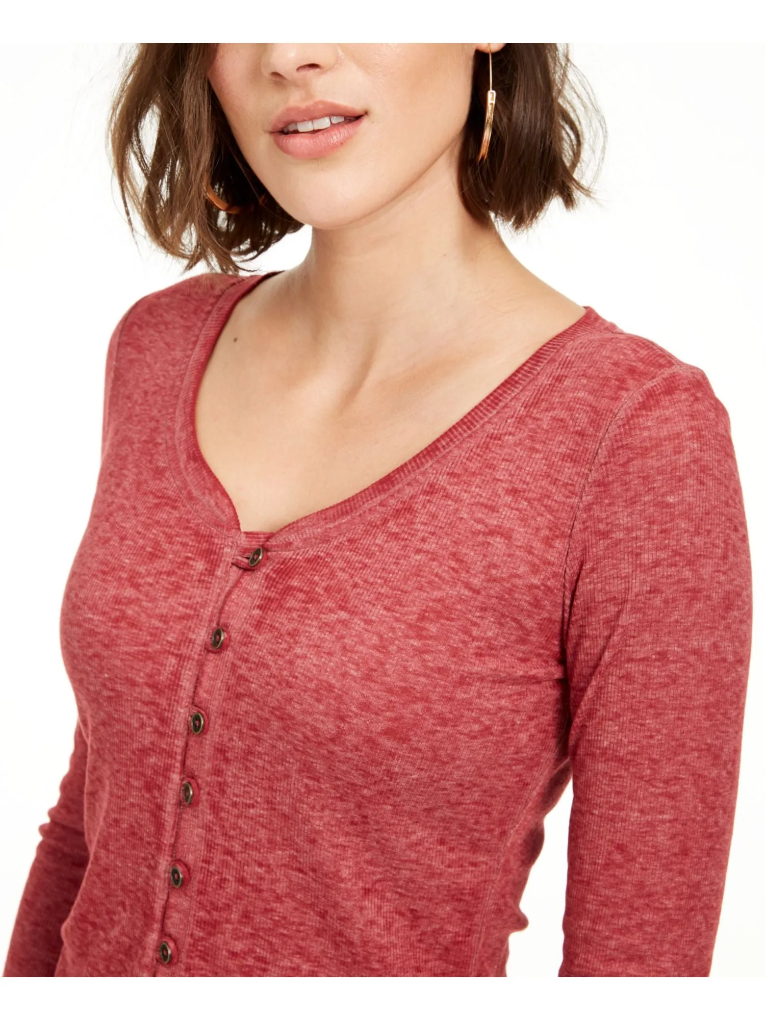 Almost Famous Junior's V Neck Button Front Shirt Burgundy