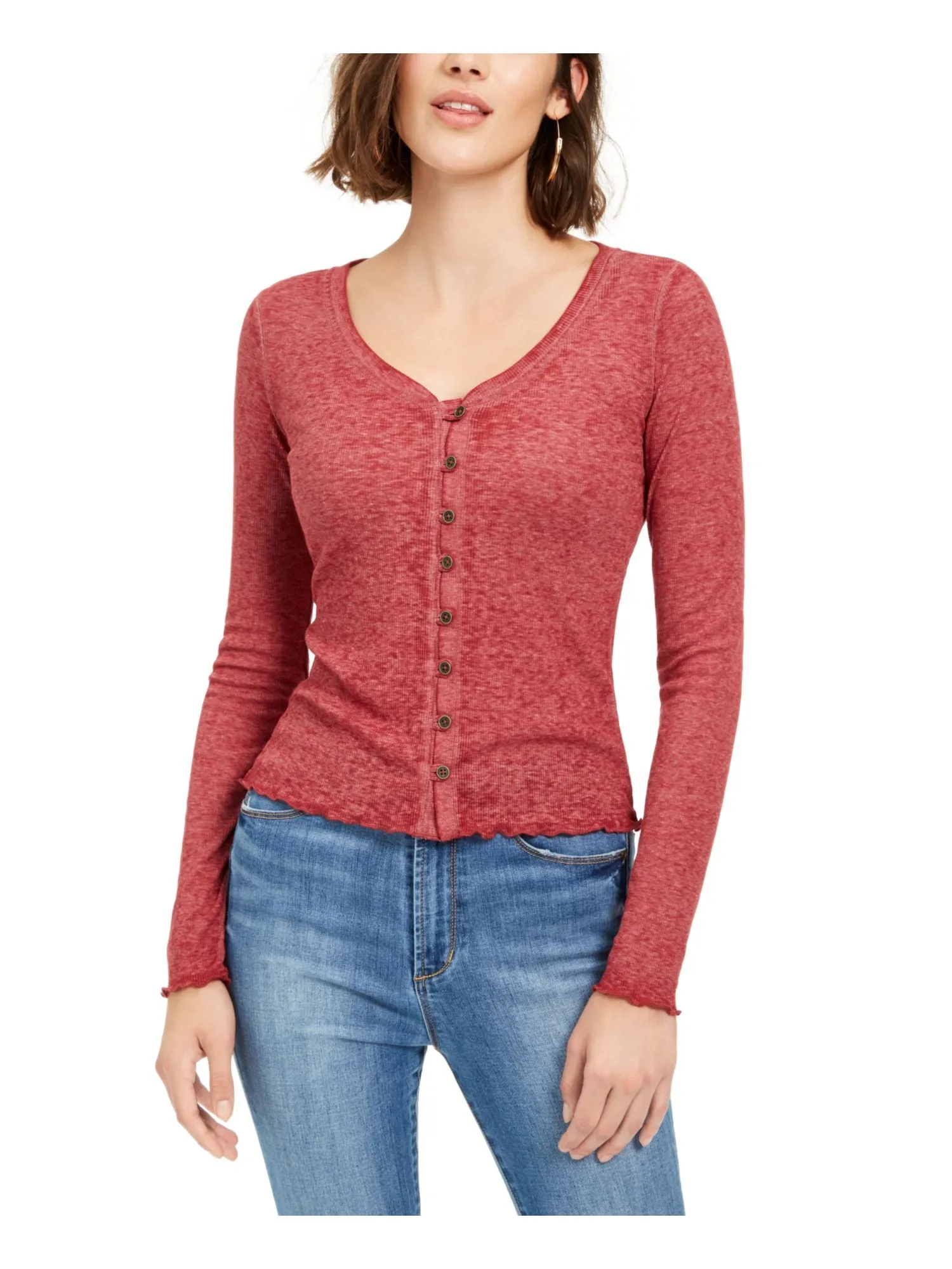 Almost Famous Junior's V Neck Button Front Shirt Burgundy