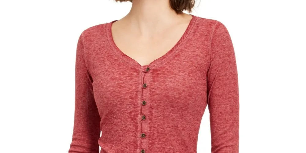 Almost Famous Junior's V Neck Button Front Shirt Burgundy