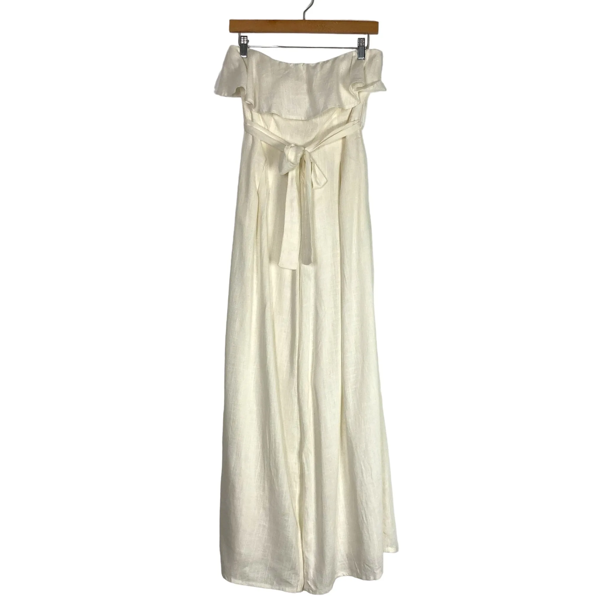Altar'd State White Linen Ruffle Strapless Tie Belt Wide Leg Jumpsuit- Size S