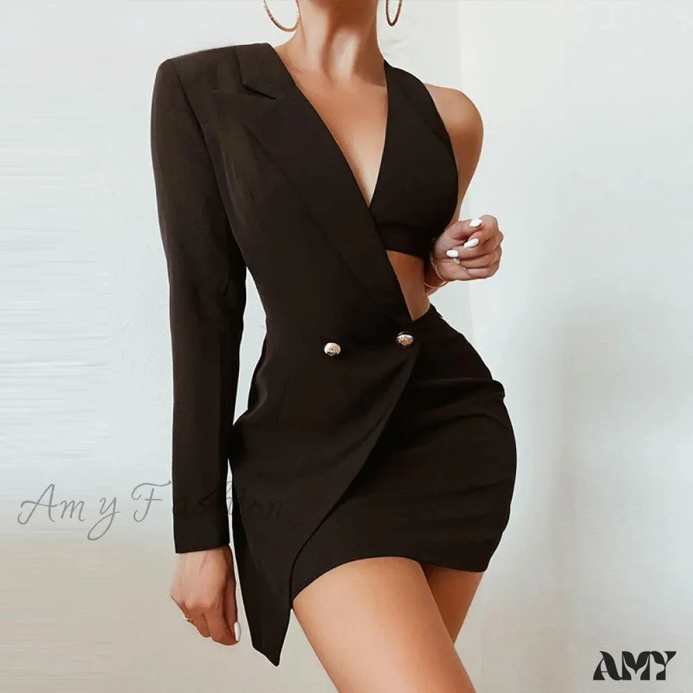 Amy Fashion - Solid One Shoulder Bodycon Party Blazer Dress