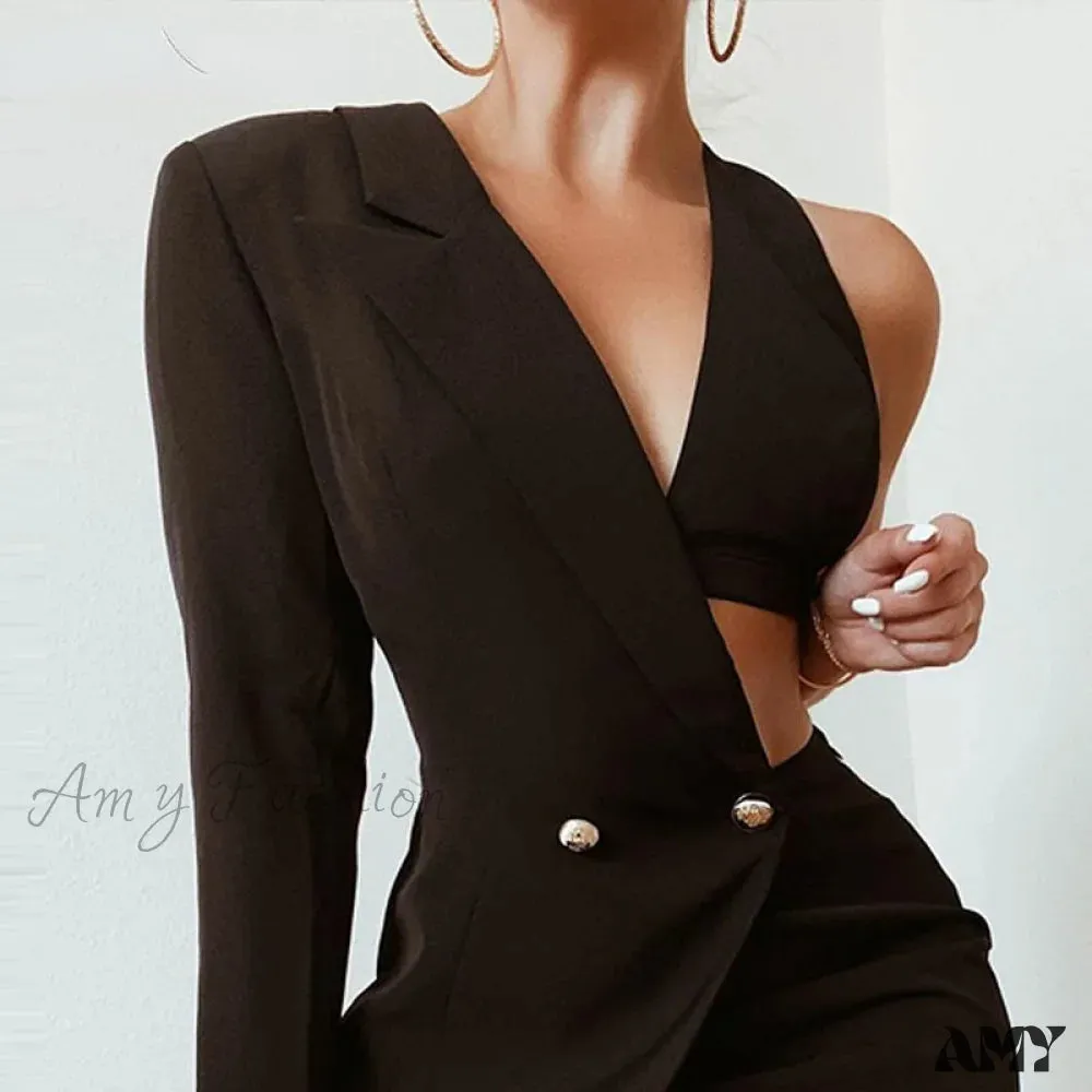 Amy Fashion - Solid One Shoulder Bodycon Party Blazer Dress
