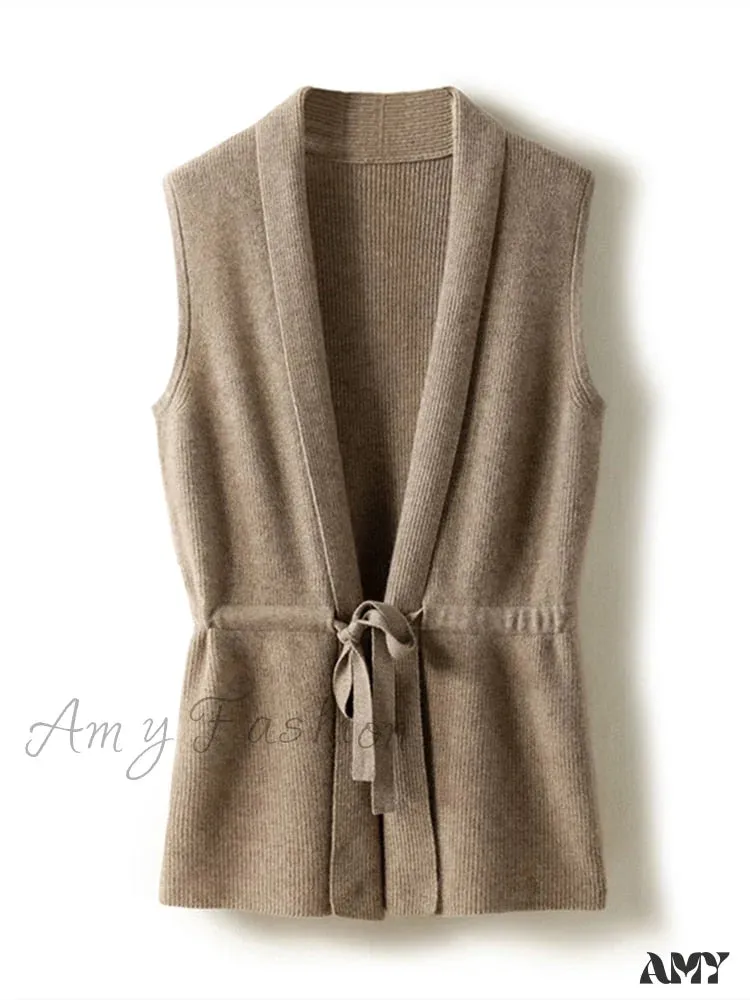 Amy Fashion - V-Neck Tie Vest Vest Women's Short Knit Cardigan