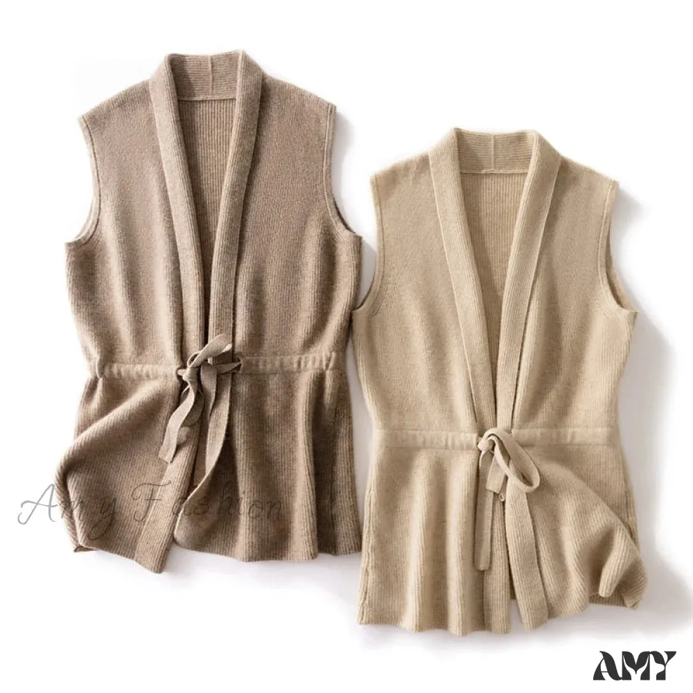 Amy Fashion - V-Neck Tie Vest Vest Women's Short Knit Cardigan
