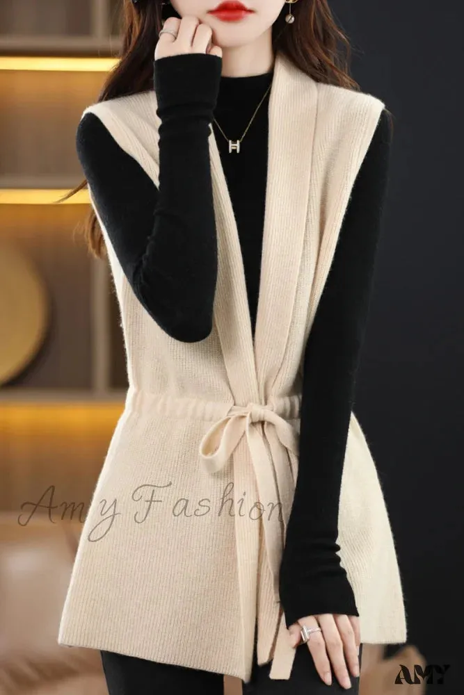 Amy Fashion - V-Neck Tie Vest Vest Women's Short Knit Cardigan