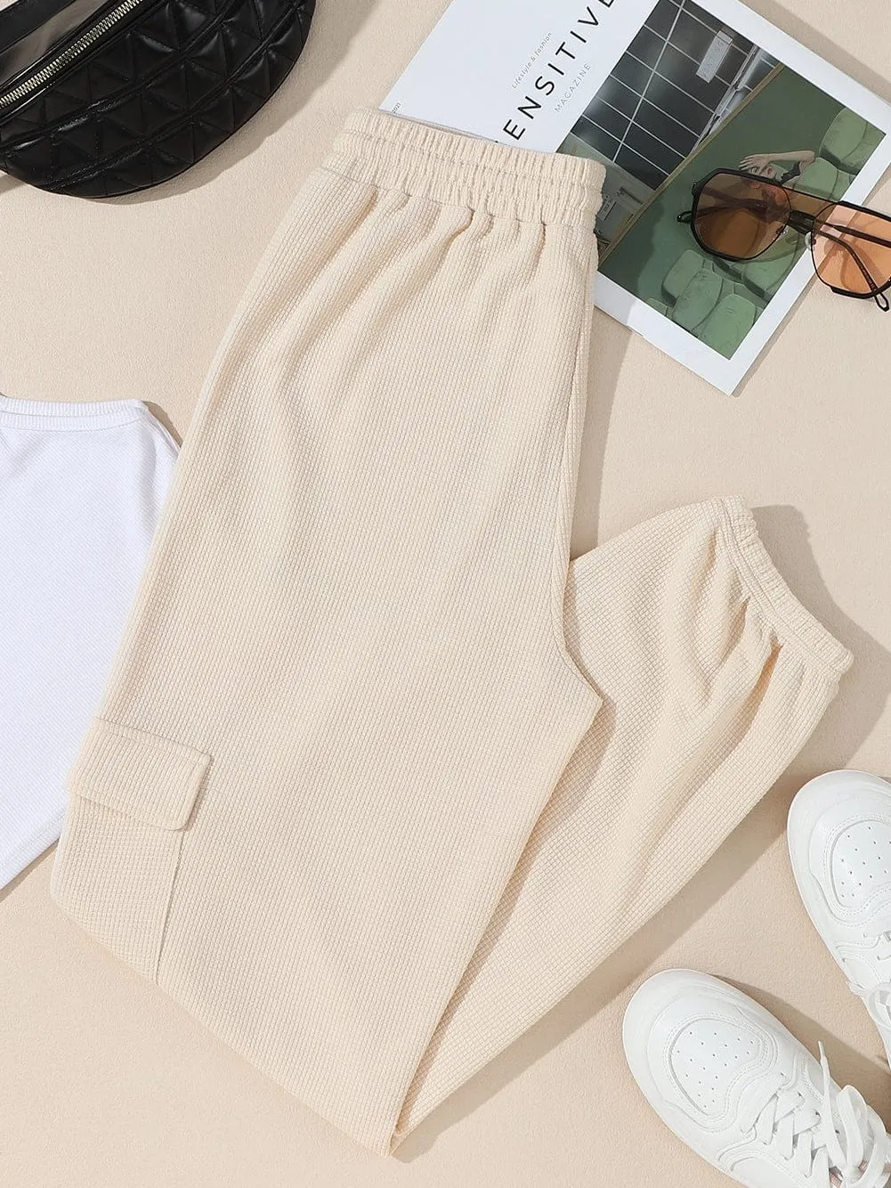 Apricot Waffle Knit Cargo Pocket Jogger Pants