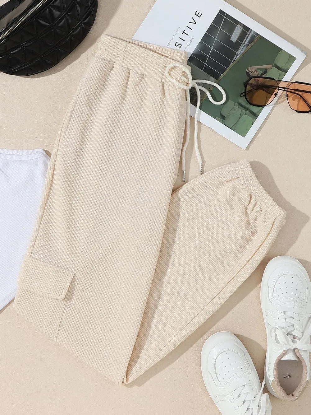 Apricot Waffle Knit Cargo Pocket Jogger Pants