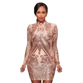 Aurora Rose Gold Nude Illusion High-Neck Dress #Bodycon Dress #Mini Dress #