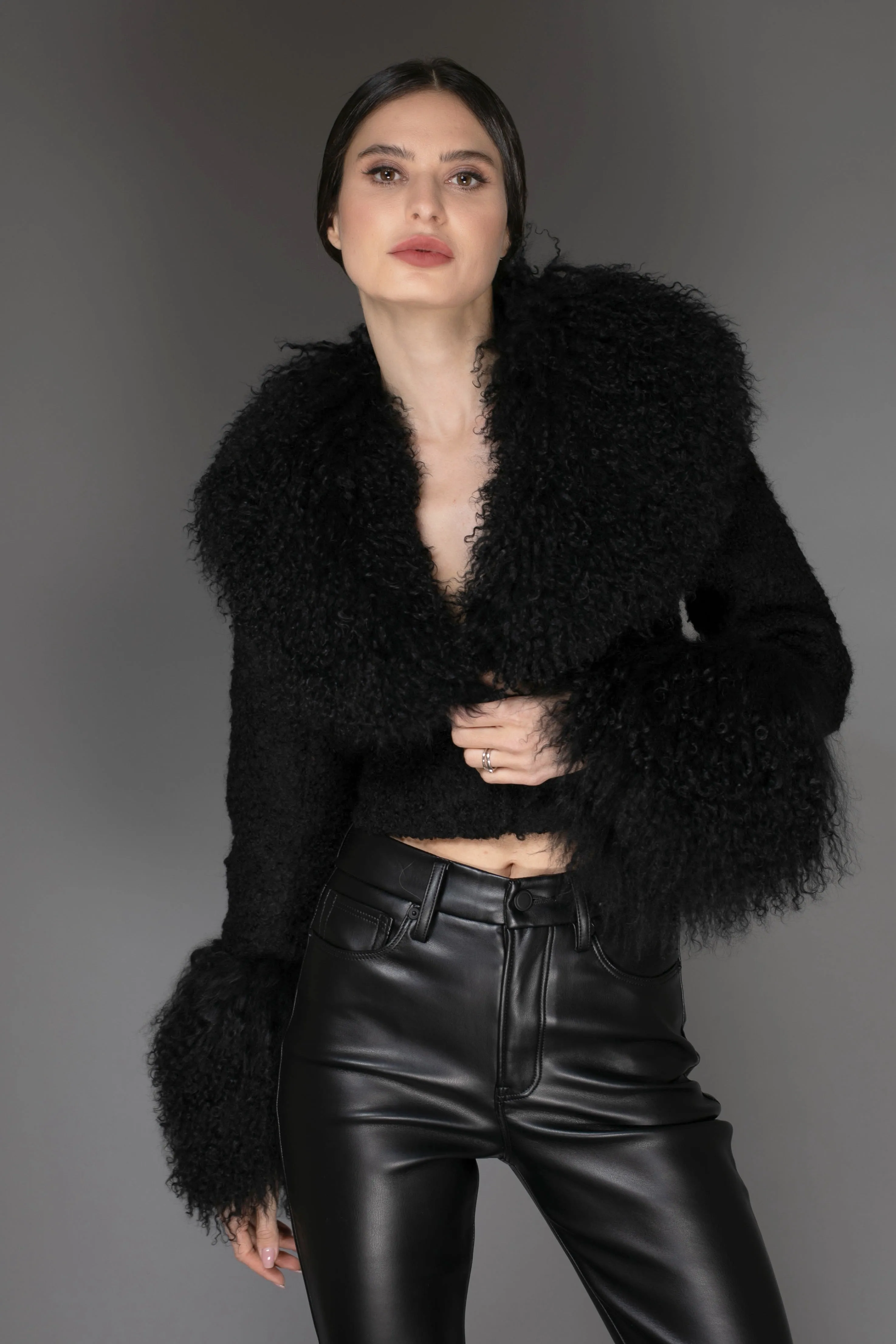 AW - Black Cropped Mongolian Fur Coat