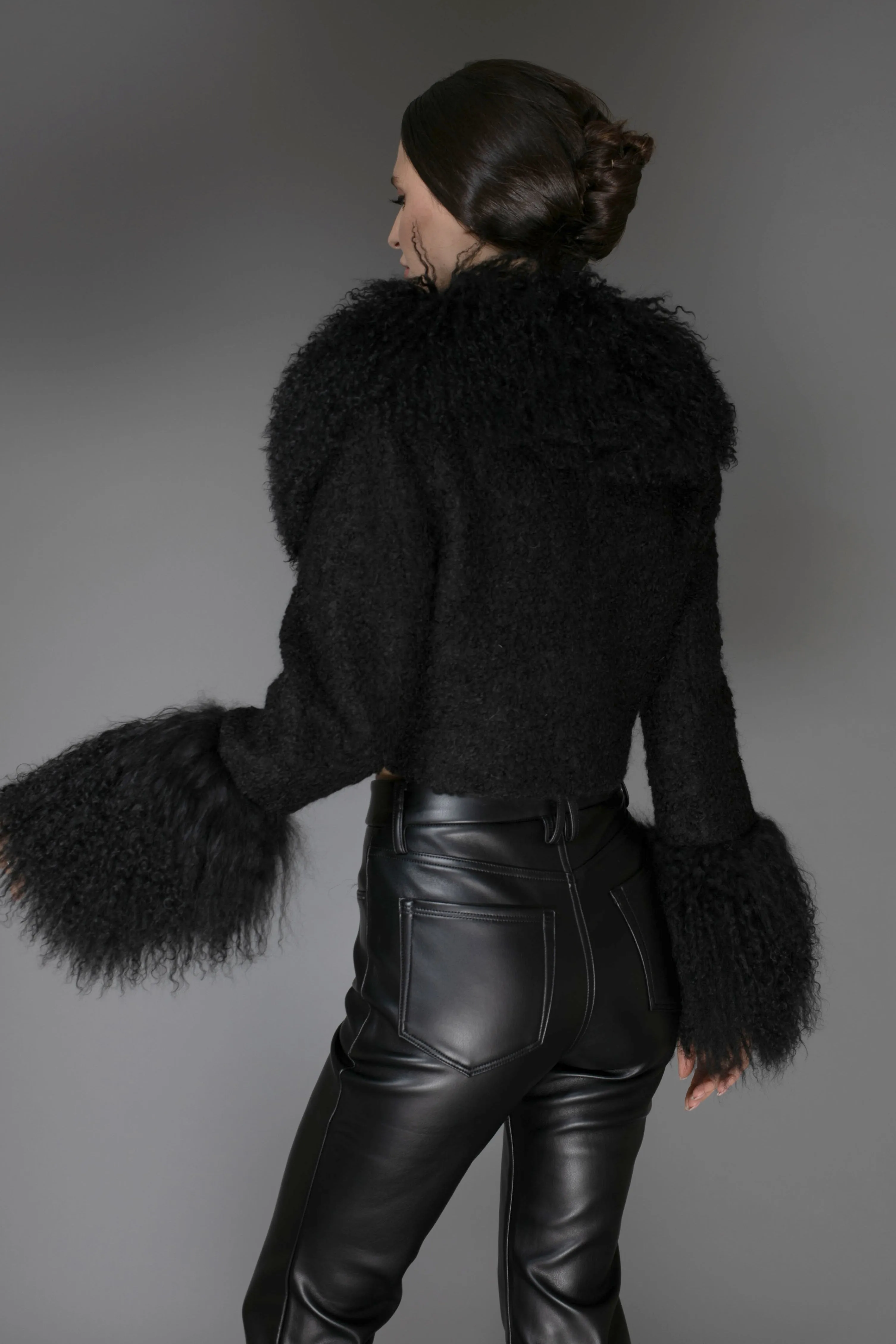 AW - Black Cropped Mongolian Fur Coat
