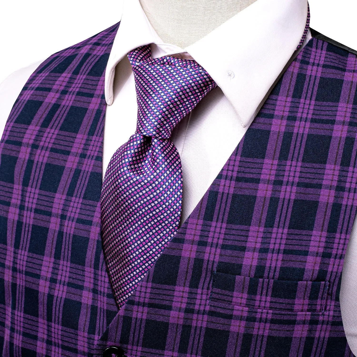 Black Purple Plaid Wool Splicing Jacquard Men's Vest
