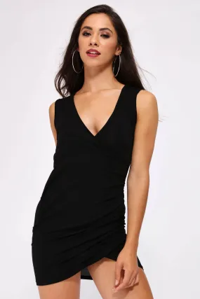 Black V Neck Jersey Wrap Mini Dress