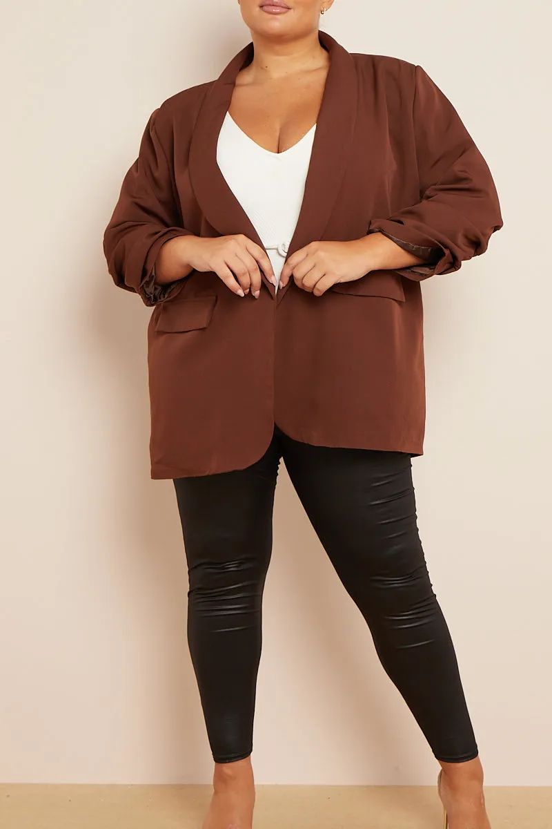 Brown Ruched Sleeve Blazer