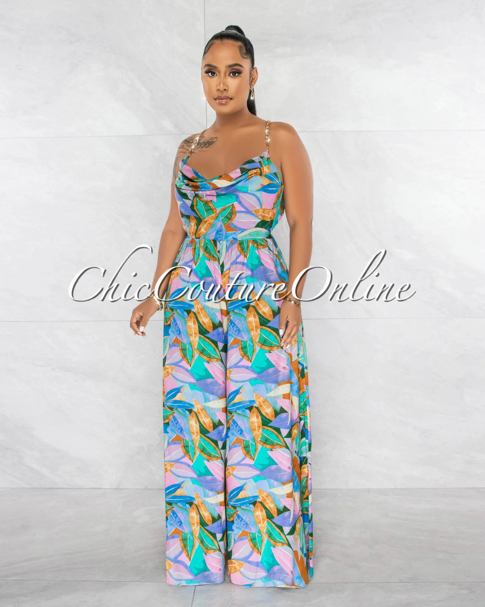 Camielle Multi-Color Leaf Print Gold Link Straps Jumpsuit
