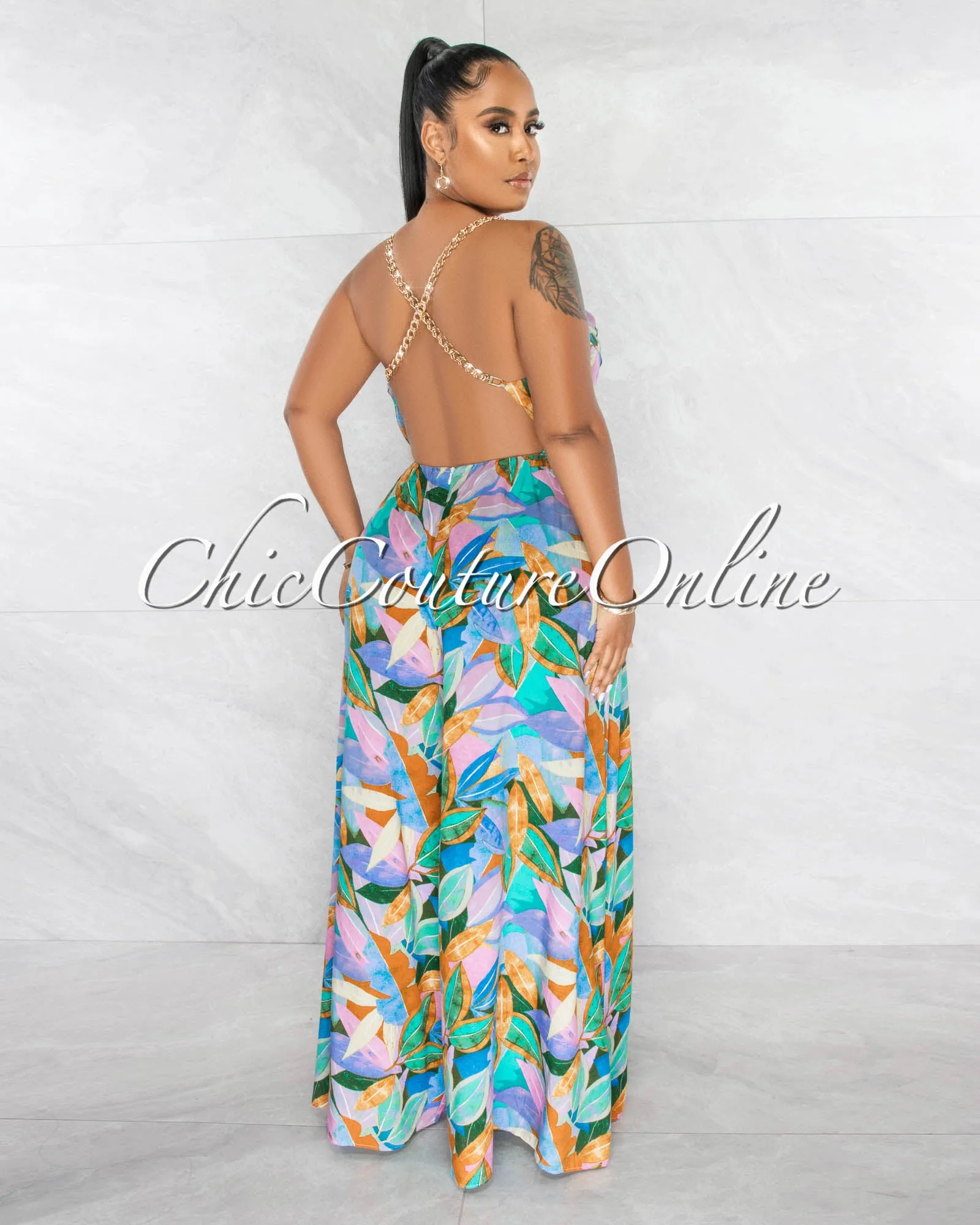 Camielle Multi-Color Leaf Print Gold Link Straps Jumpsuit
