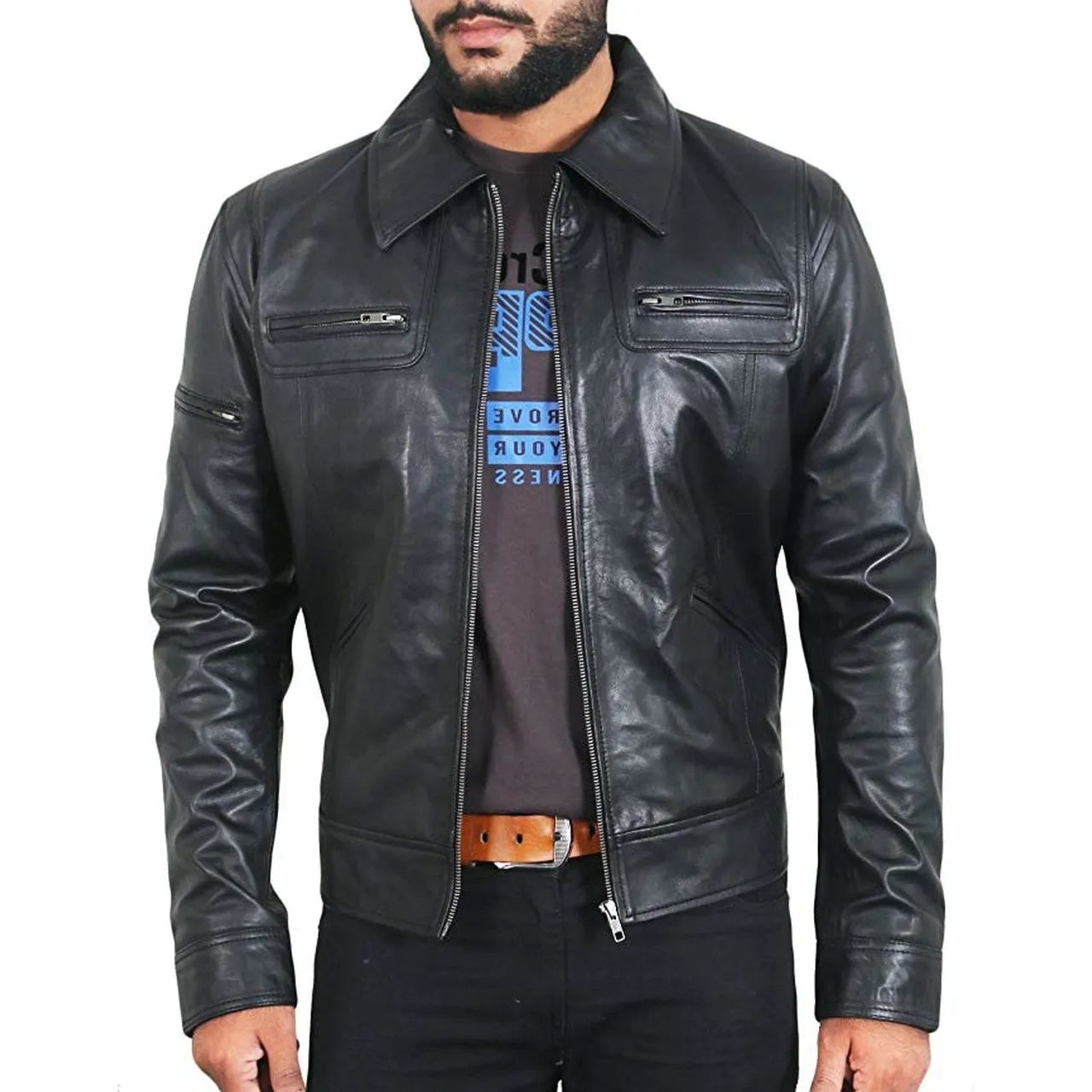 Casual Leather Jacket in Biker Style for Men