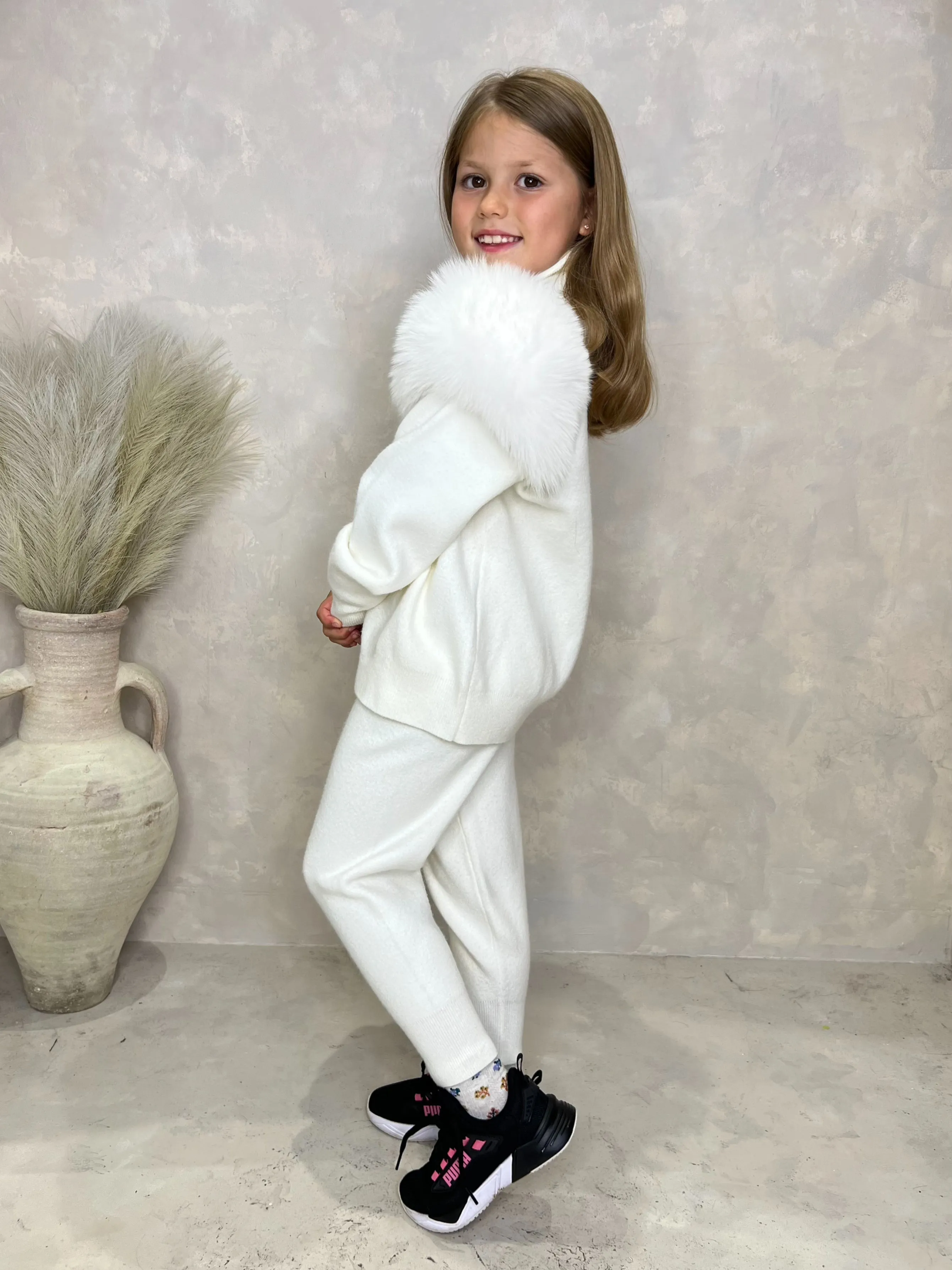 Childrens Cream Luxury Fur Roll Neck Jogger Tracksuit