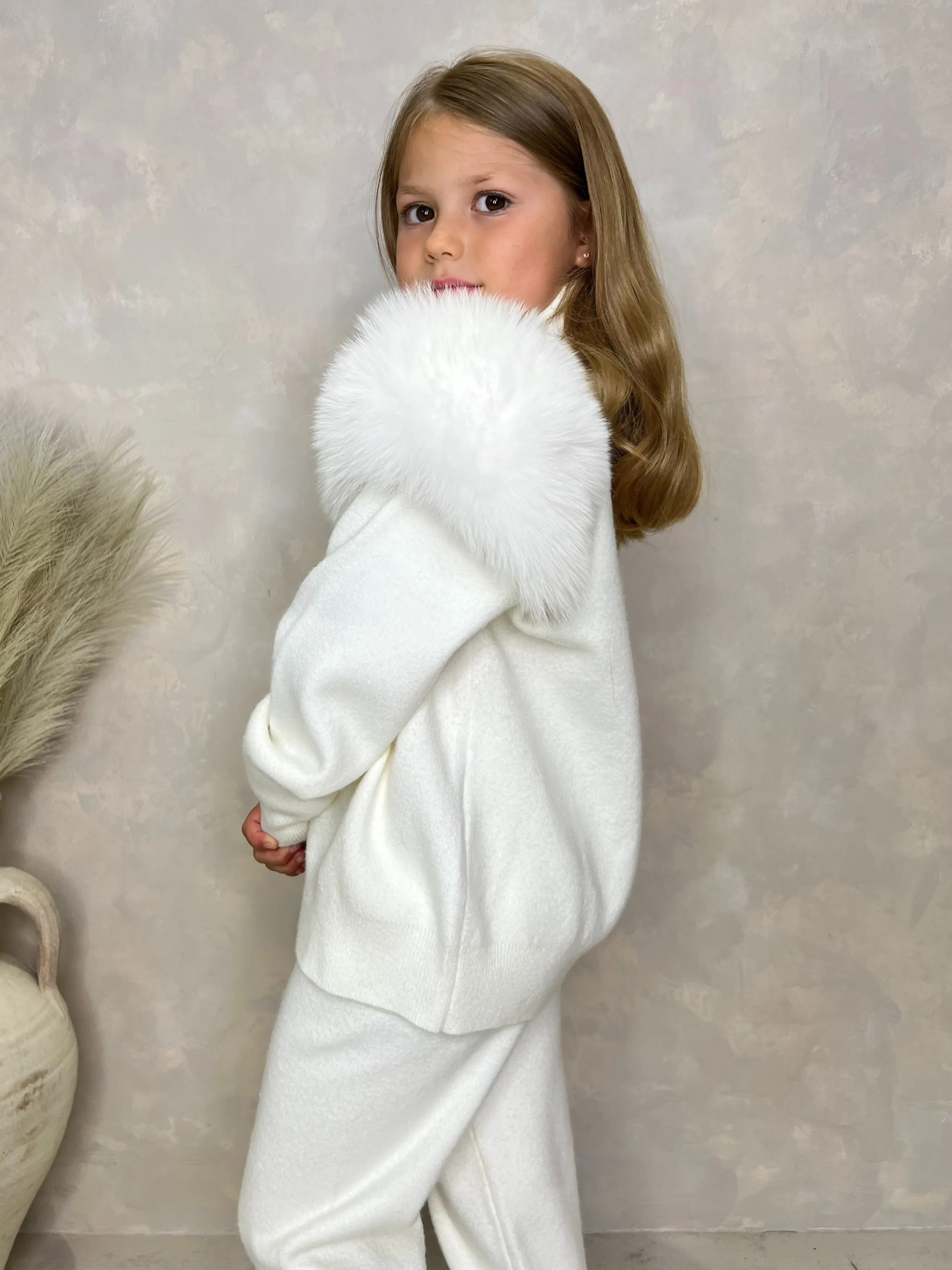 Childrens Cream Luxury Fur Roll Neck Jogger Tracksuit
