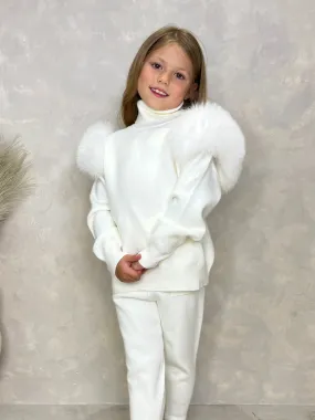 Childrens Cream Luxury Fur Roll Neck Jogger Tracksuit