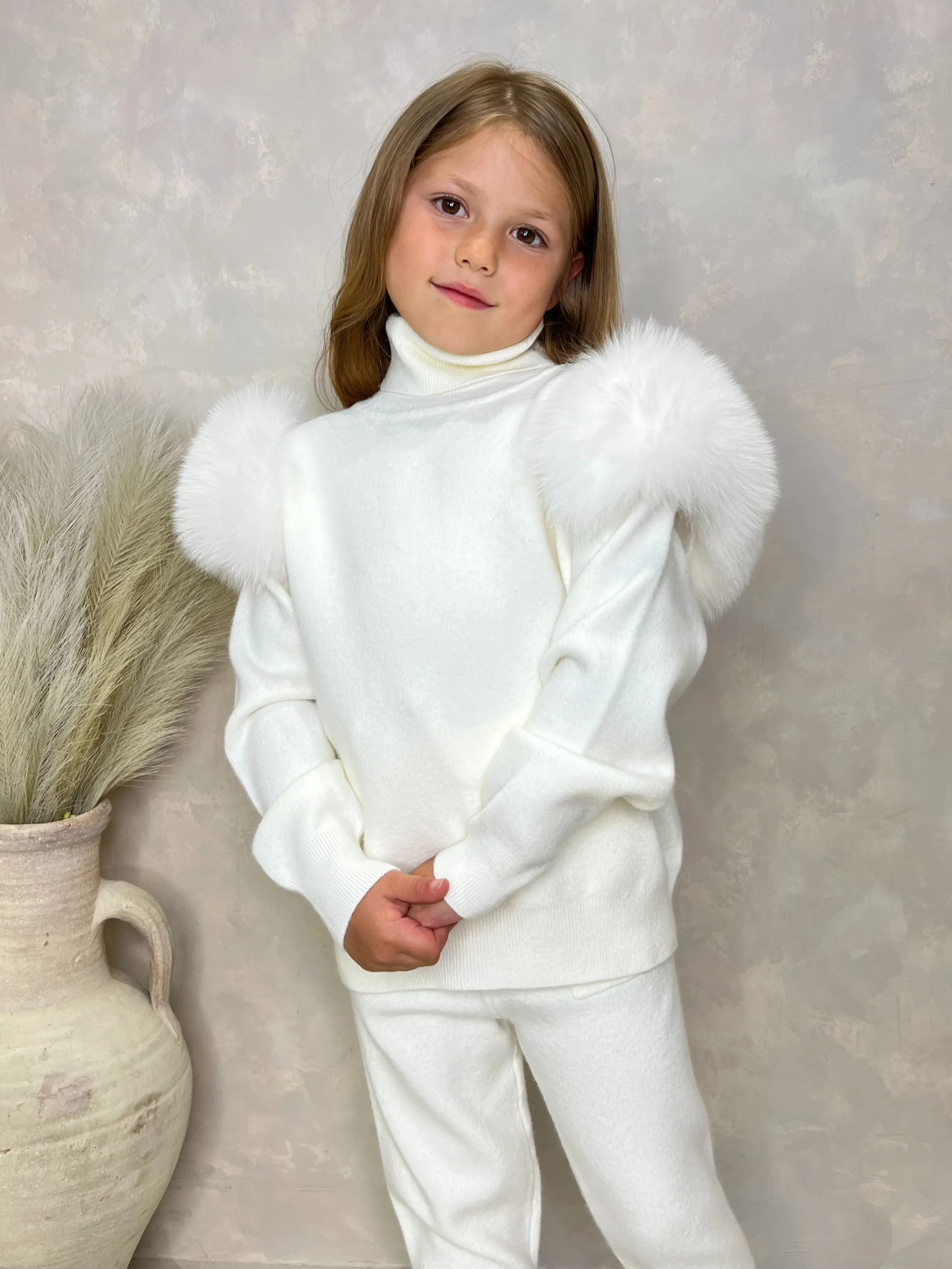 Childrens Cream Luxury Fur Roll Neck Jogger Tracksuit