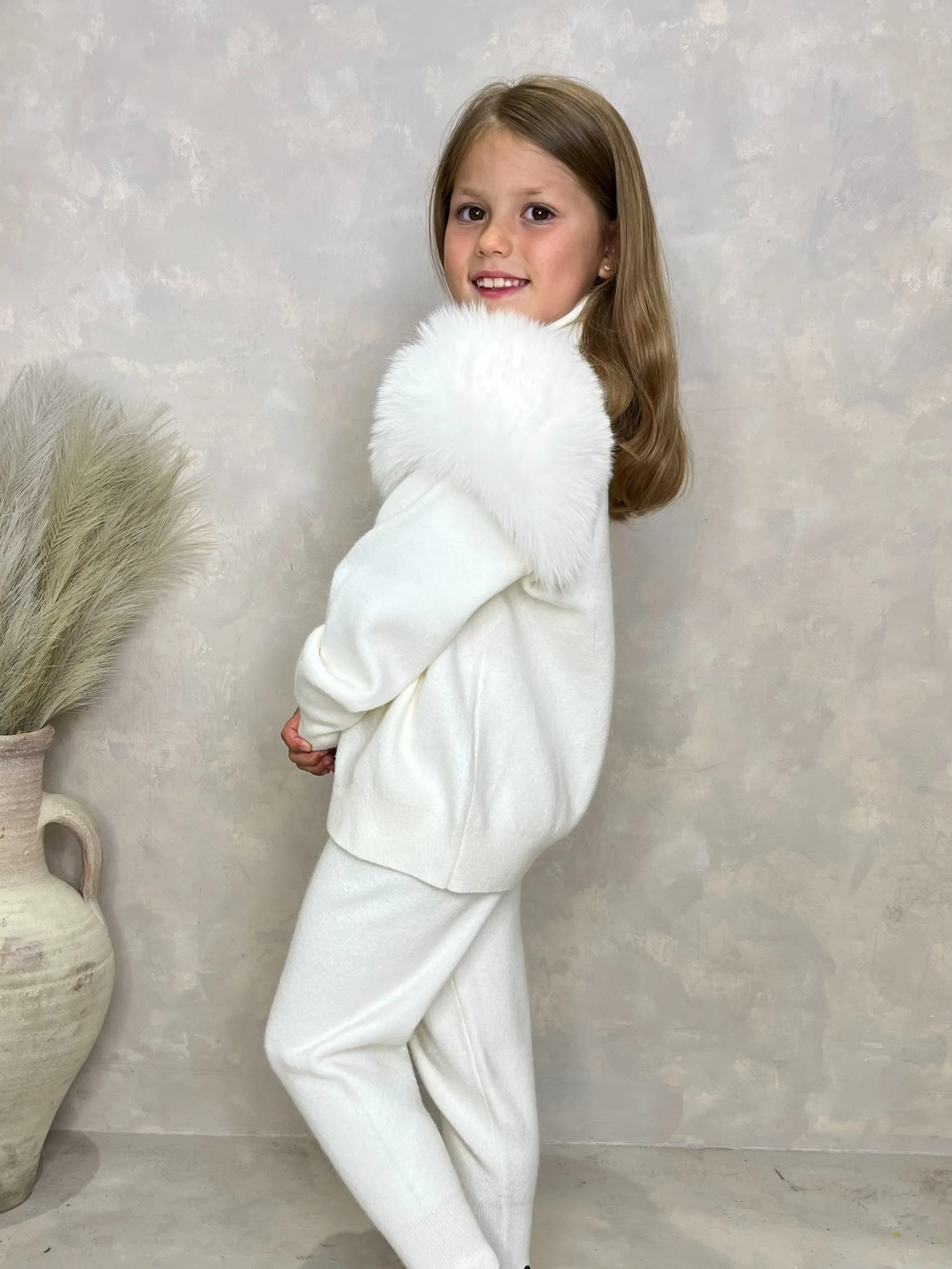 Childrens Cream Luxury Fur Roll Neck Jogger Tracksuit