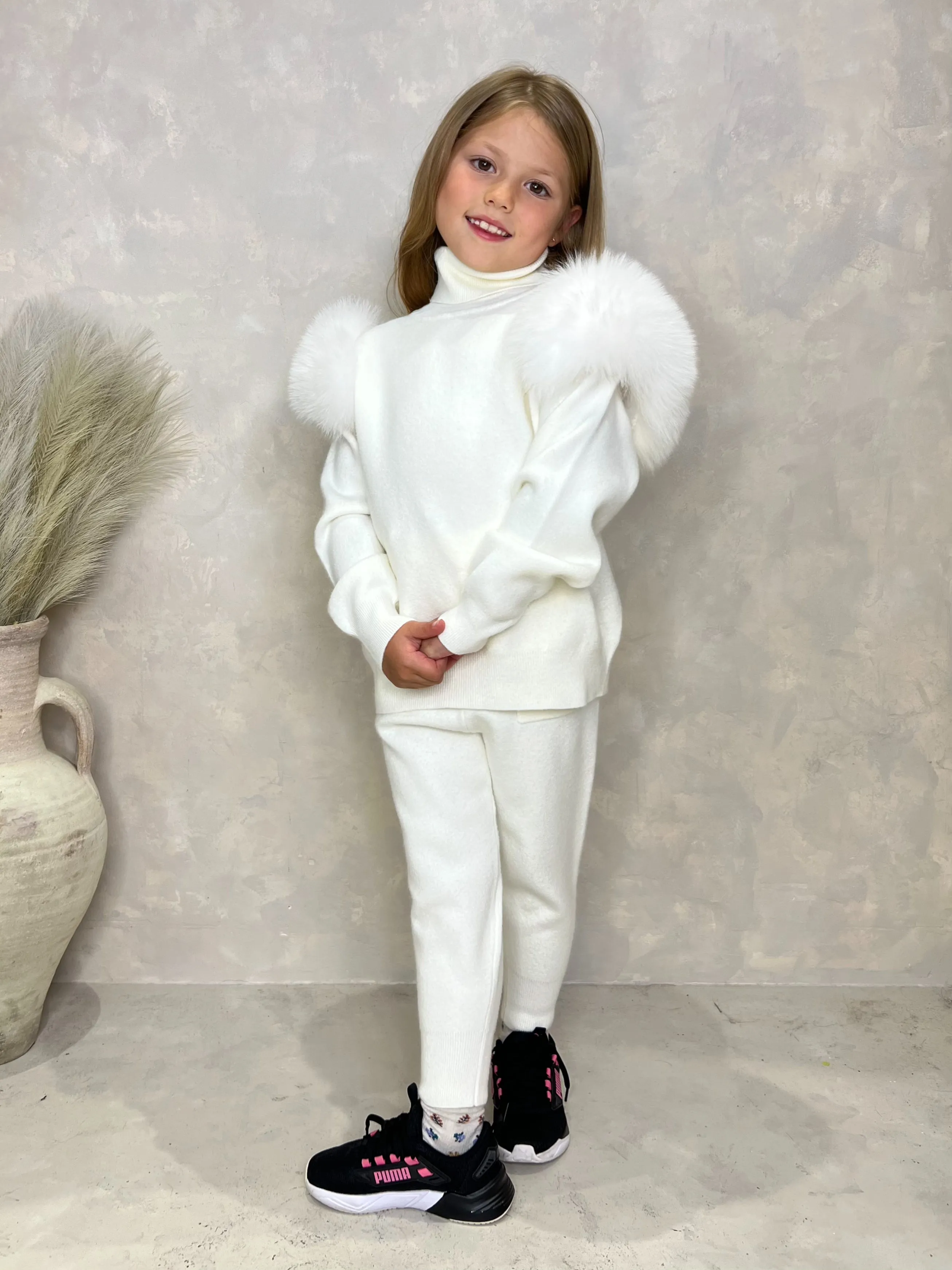 Childrens Cream Luxury Fur Roll Neck Jogger Tracksuit