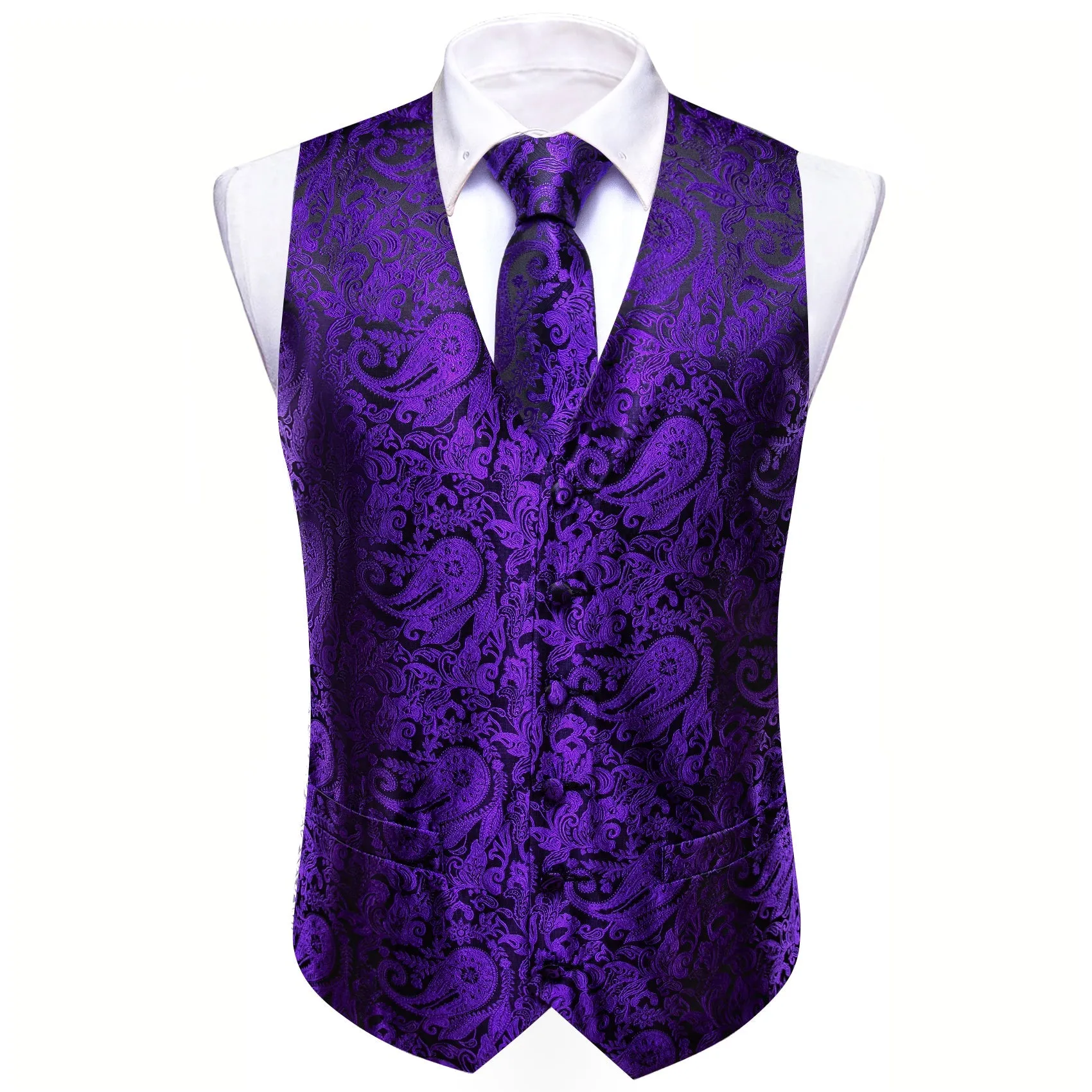 Dark Purple Black Paisley Silk Men's Vest Tie Handkerchief Cufflinks Set