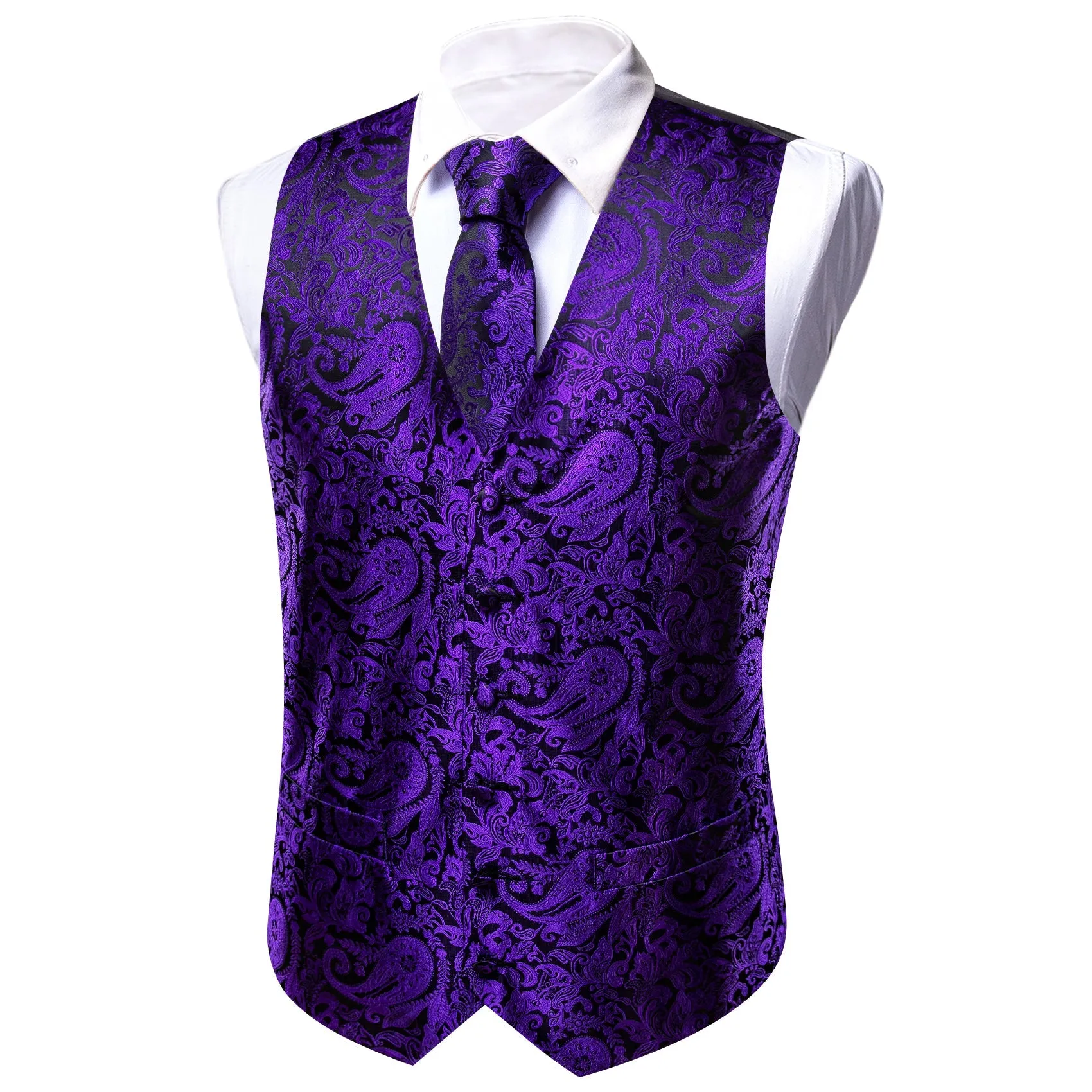 Dark Purple Black Paisley Silk Men's Vest Tie Handkerchief Cufflinks Set