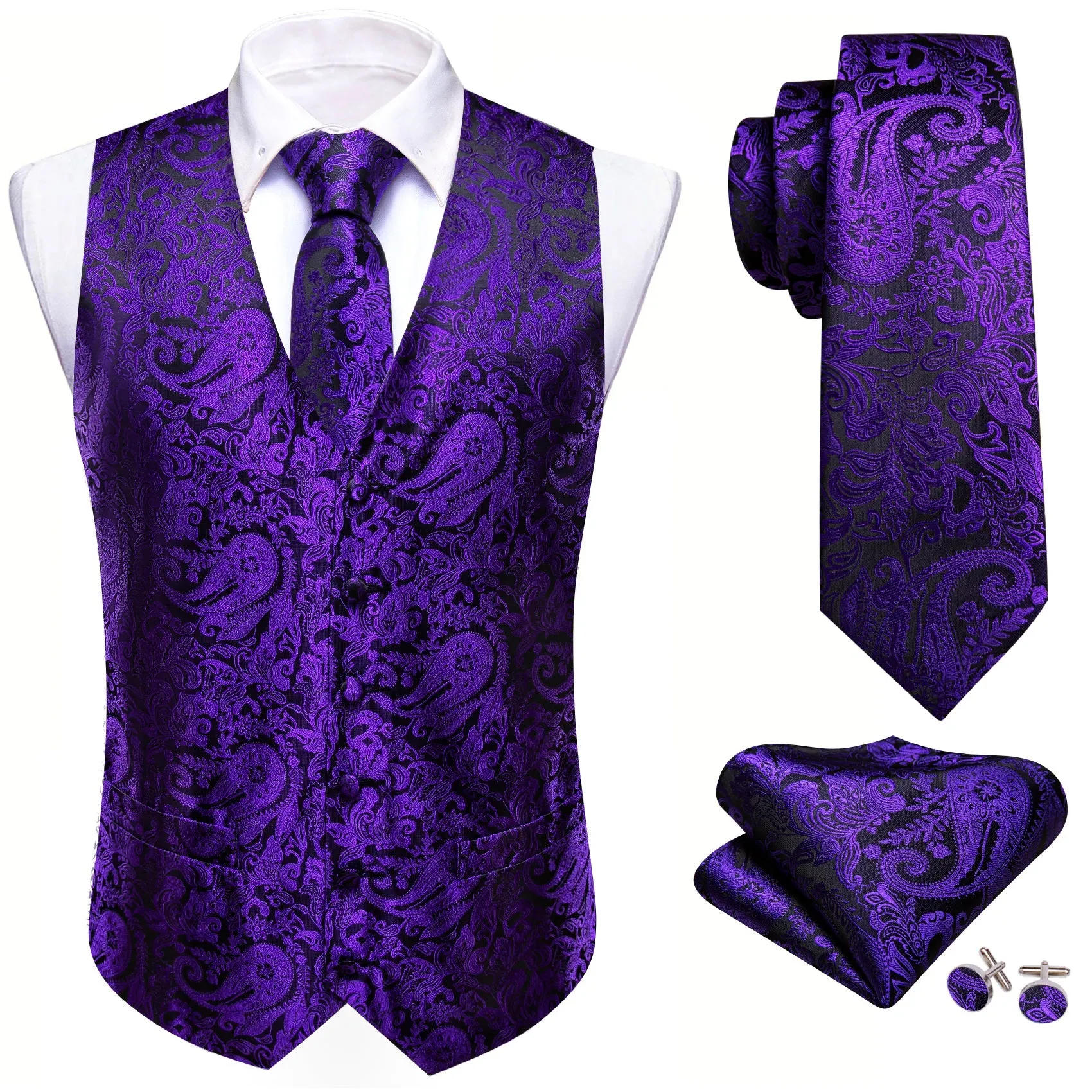 Dark Purple Black Paisley Silk Men's Vest Tie Handkerchief Cufflinks Set