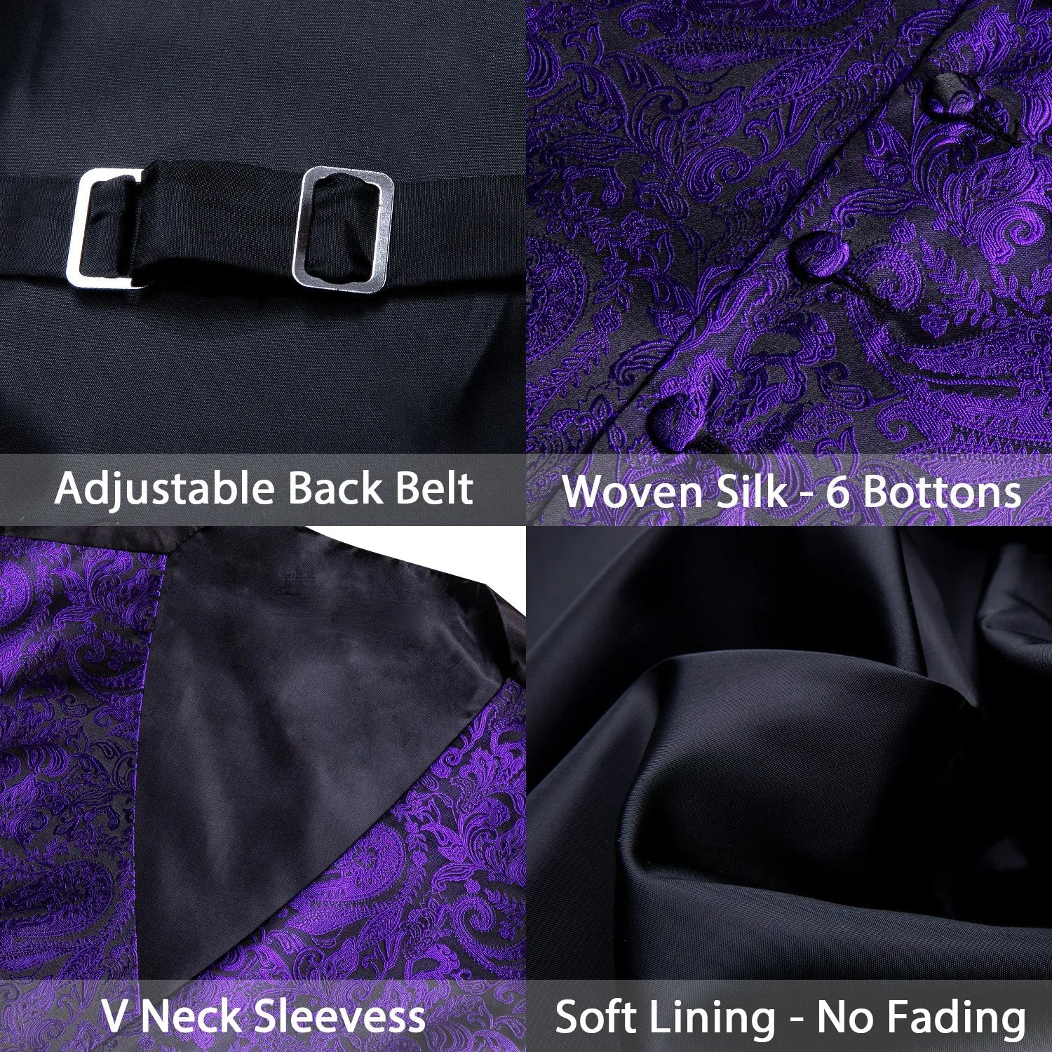 Dark Purple Black Paisley Silk Men's Vest Tie Handkerchief Cufflinks Set