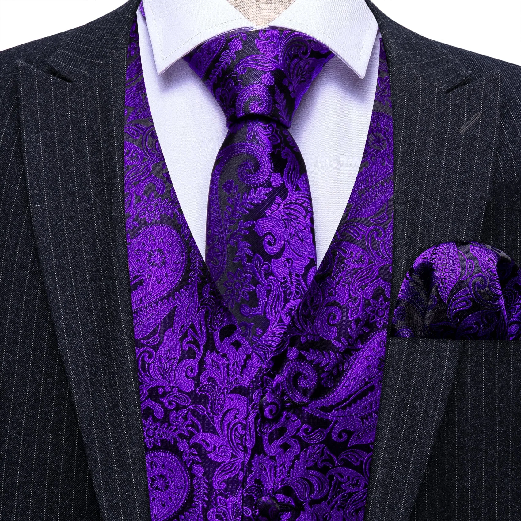 Dark Purple Black Paisley Silk Men's Vest Tie Handkerchief Cufflinks Set