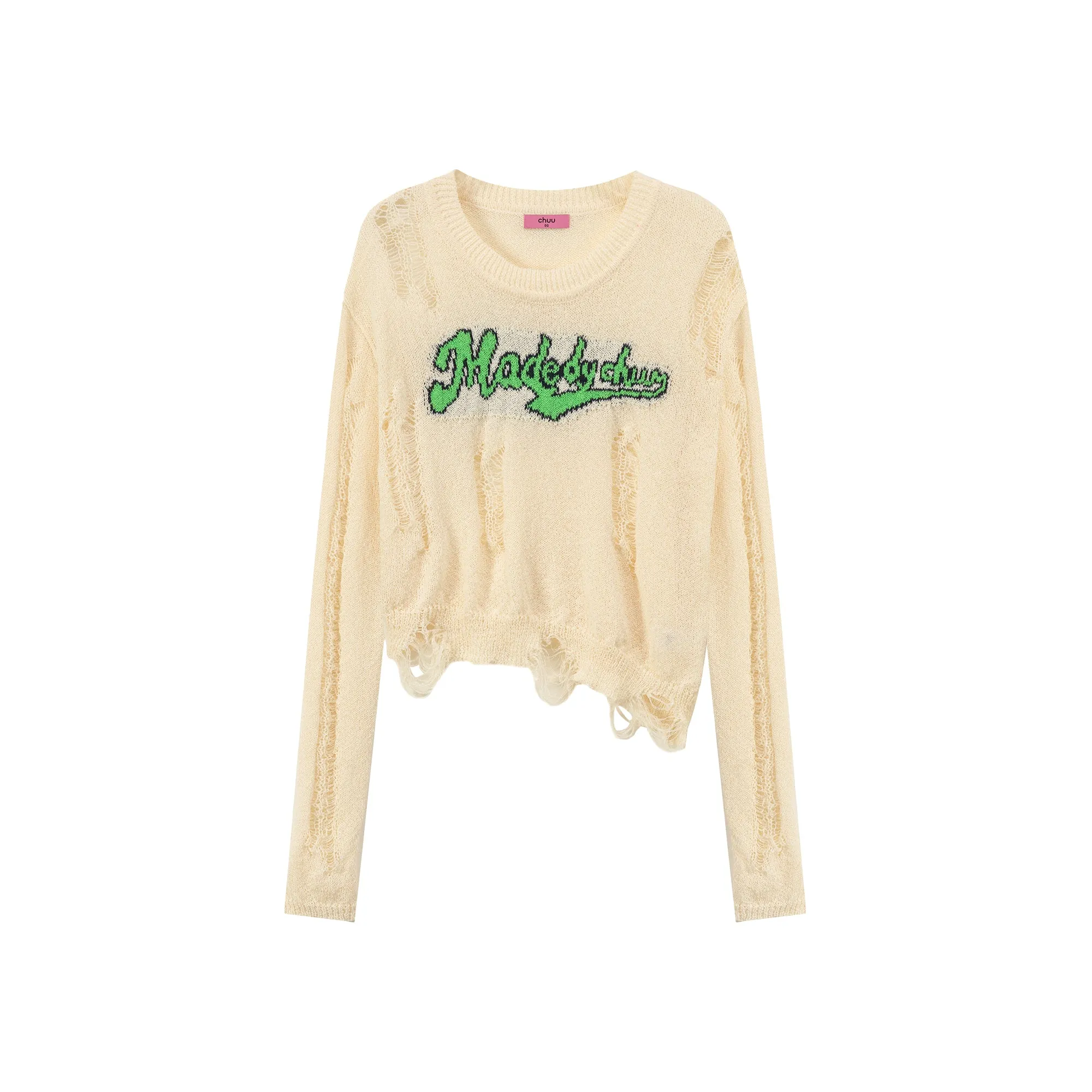 Distressed Long Sleeve Unbalanced Knit Top
