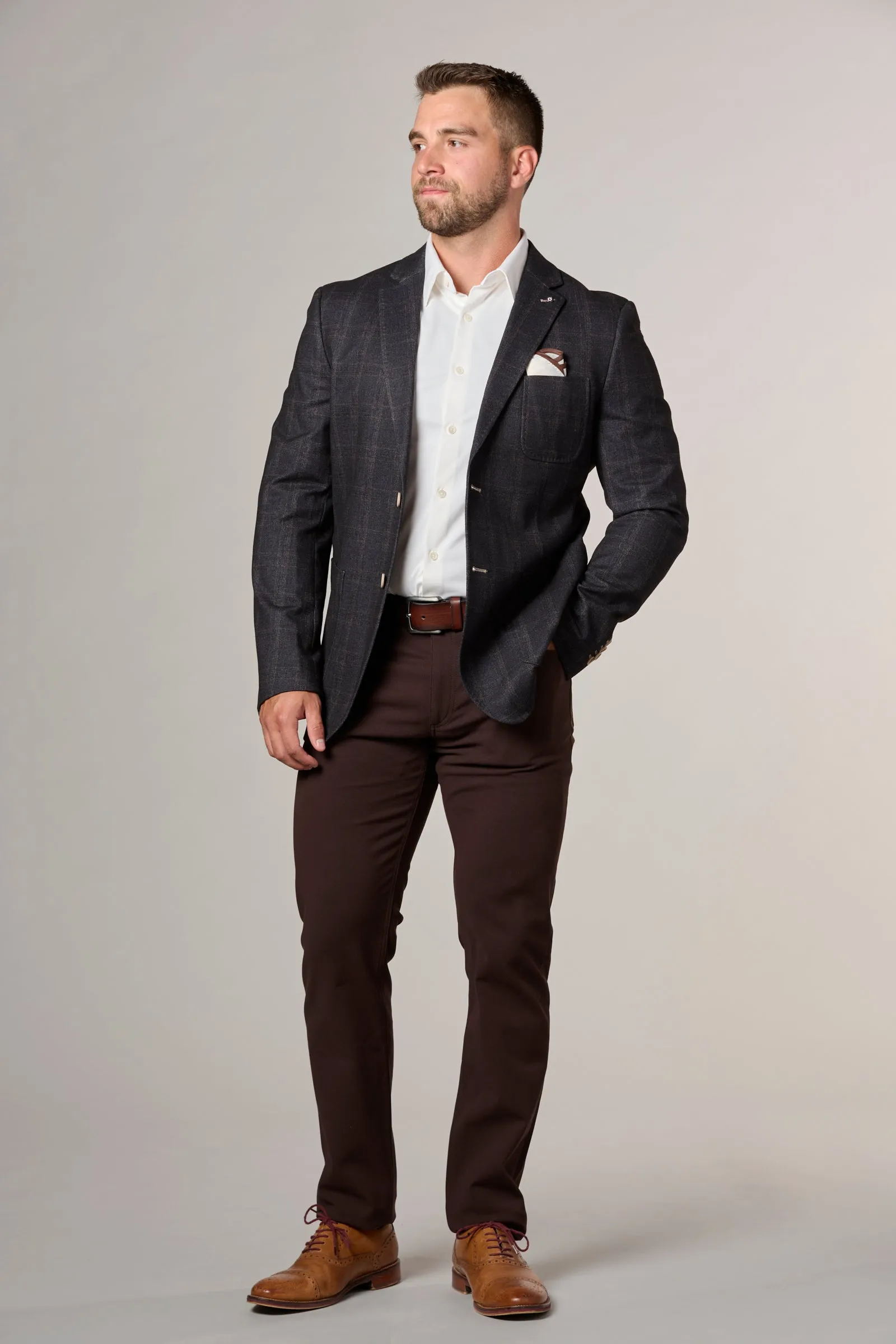 Fashion Check Stretch Blazer in Brown