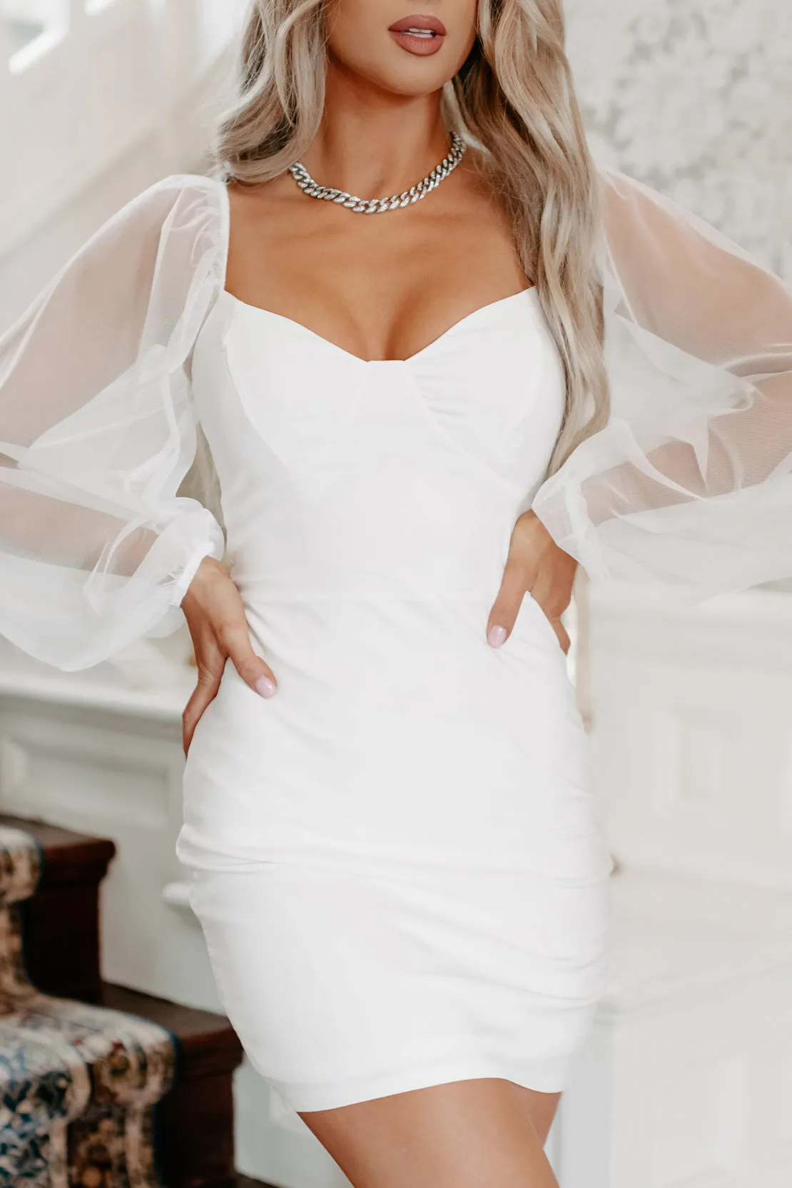 Feelings Of Forever Mesh Sleeve Bodycon Dress (Off White)