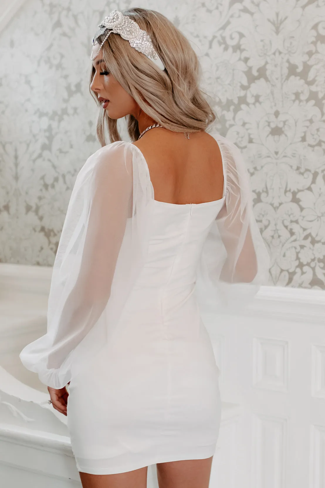 Feelings Of Forever Mesh Sleeve Bodycon Dress (Off White)