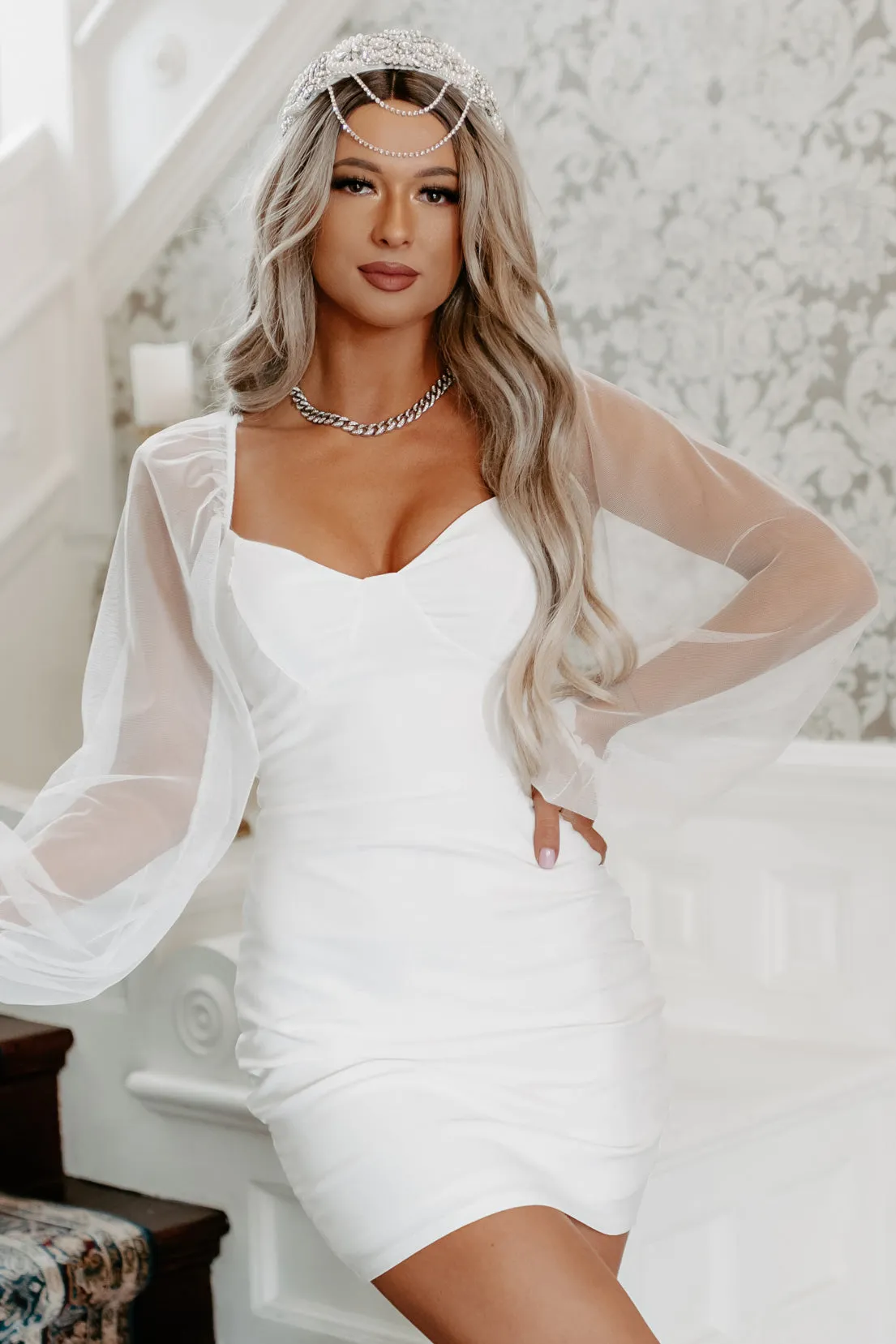 Feelings Of Forever Mesh Sleeve Bodycon Dress (Off White)