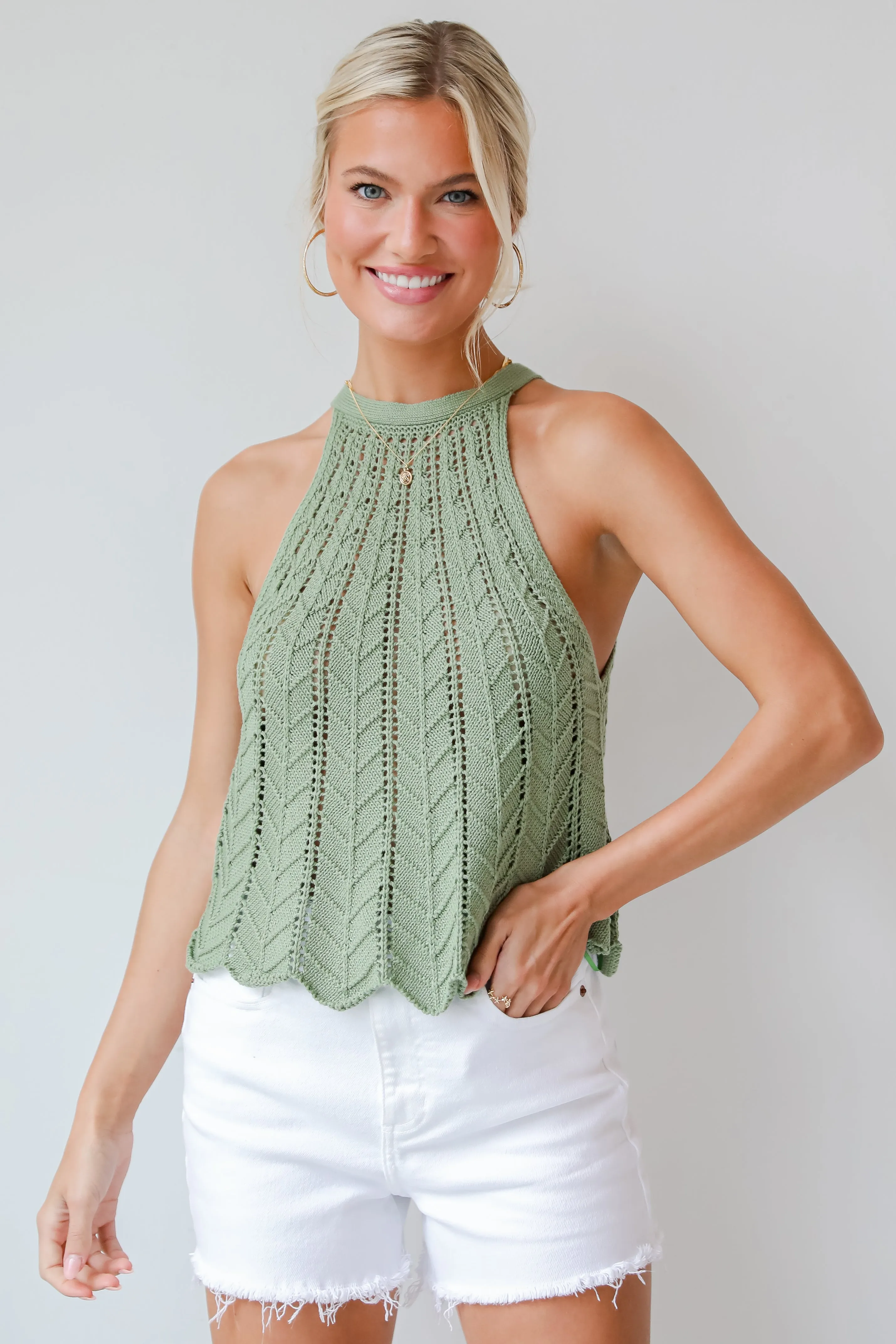 FINAL SALE - Sweeten The Day Light Olive Crochet Knit Tank