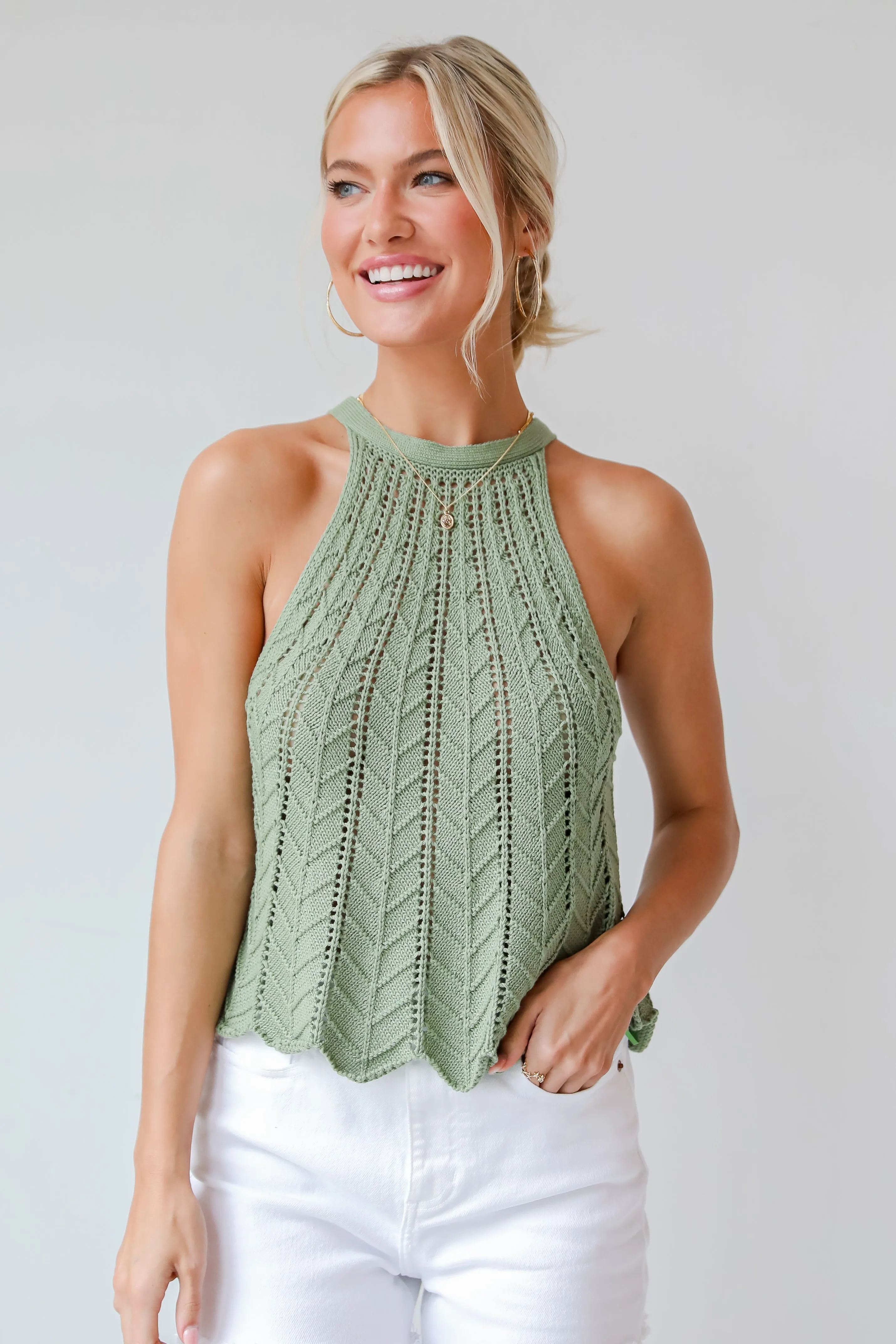 FINAL SALE - Sweeten The Day Light Olive Crochet Knit Tank