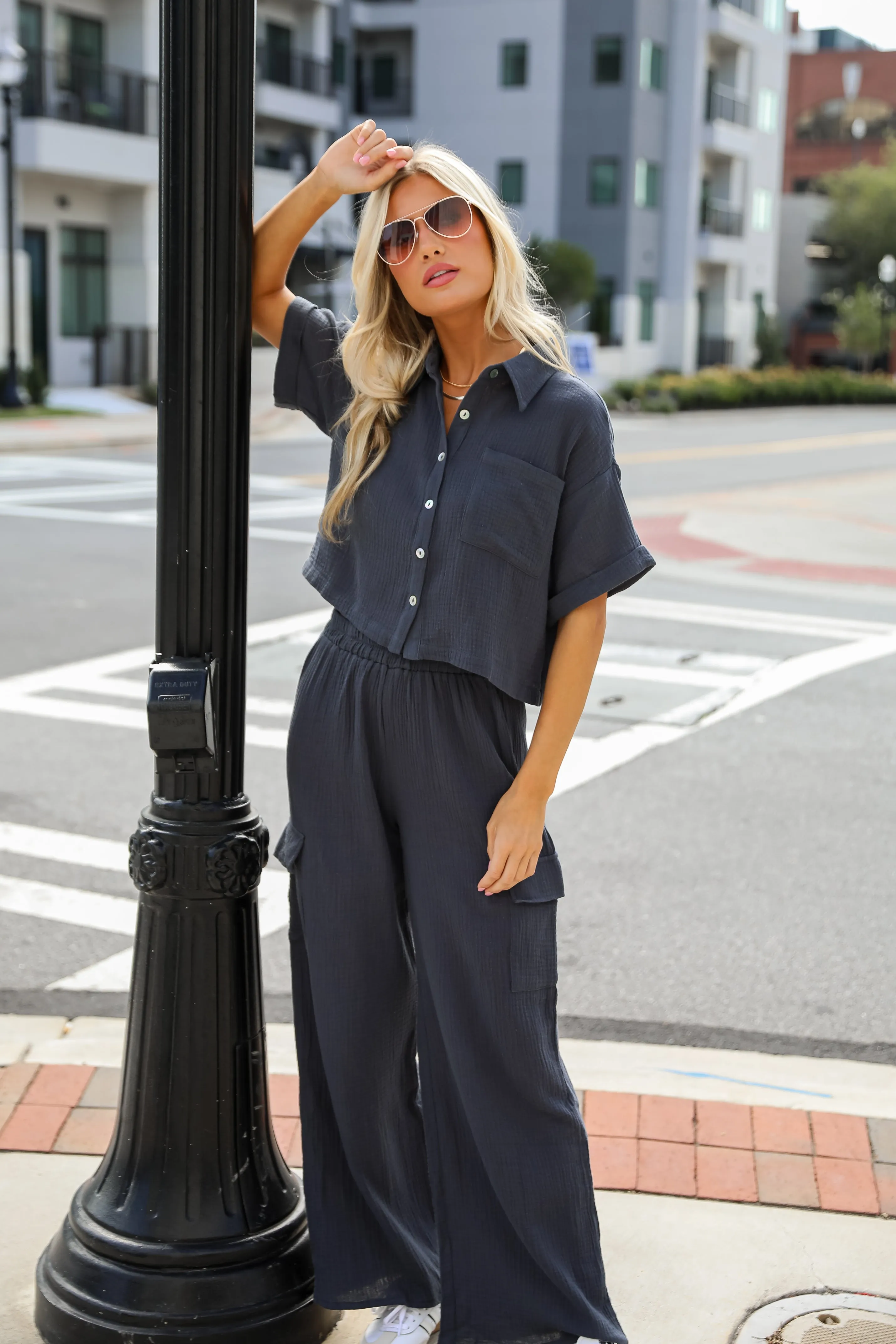 FINAL SALE - Too Perfect Charcoal Linen Cargo Pants