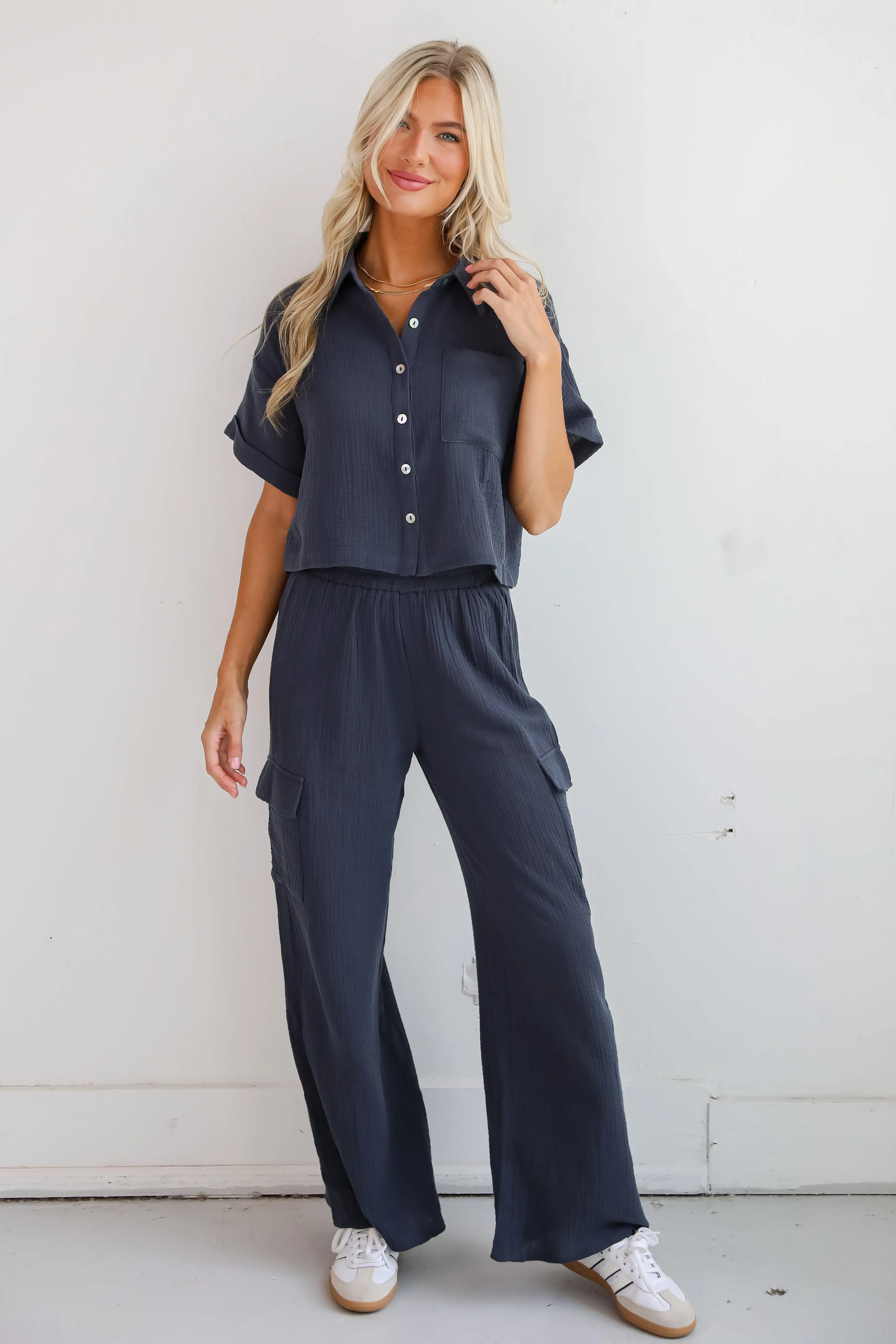 FINAL SALE - Too Perfect Charcoal Linen Cargo Pants