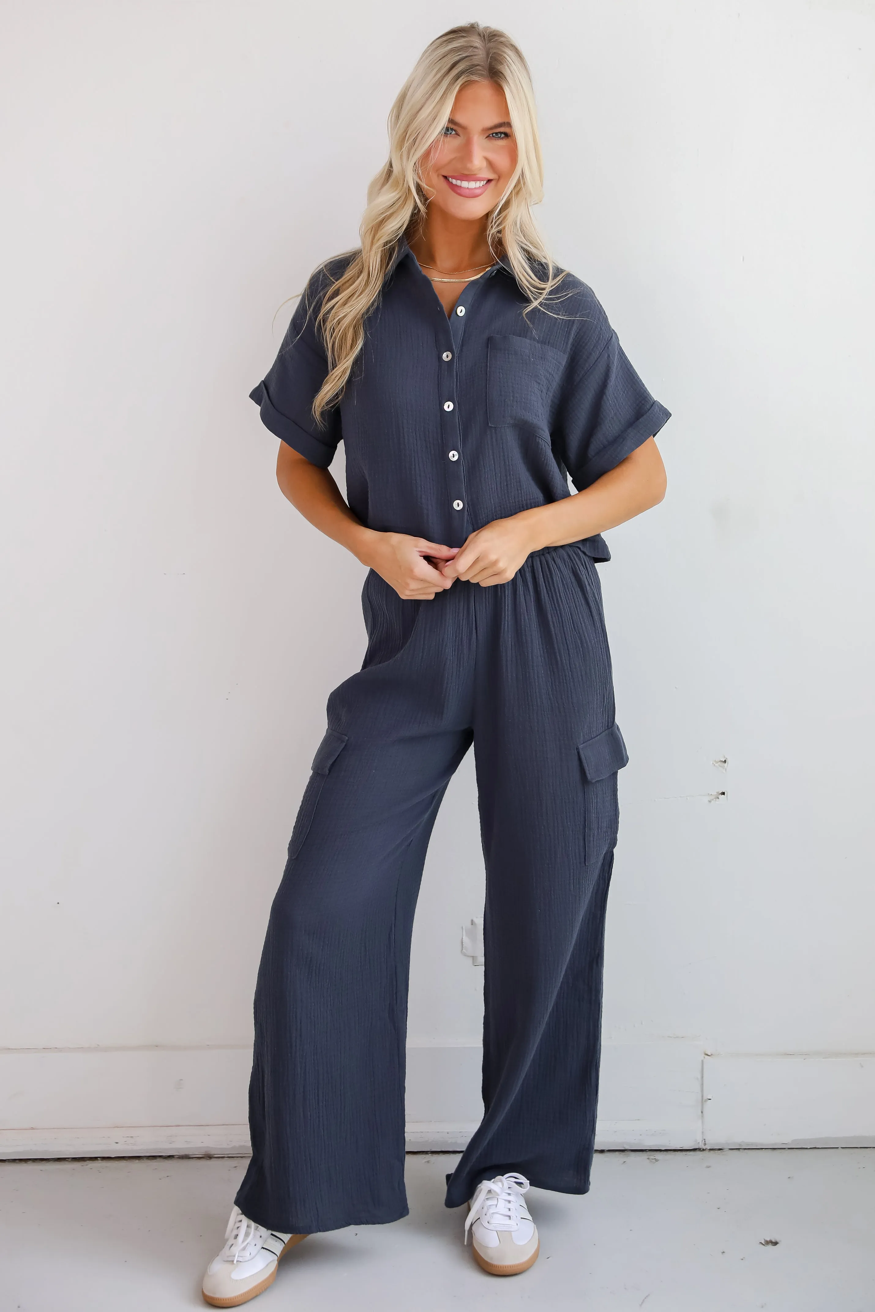 FINAL SALE - Too Perfect Charcoal Linen Cargo Pants
