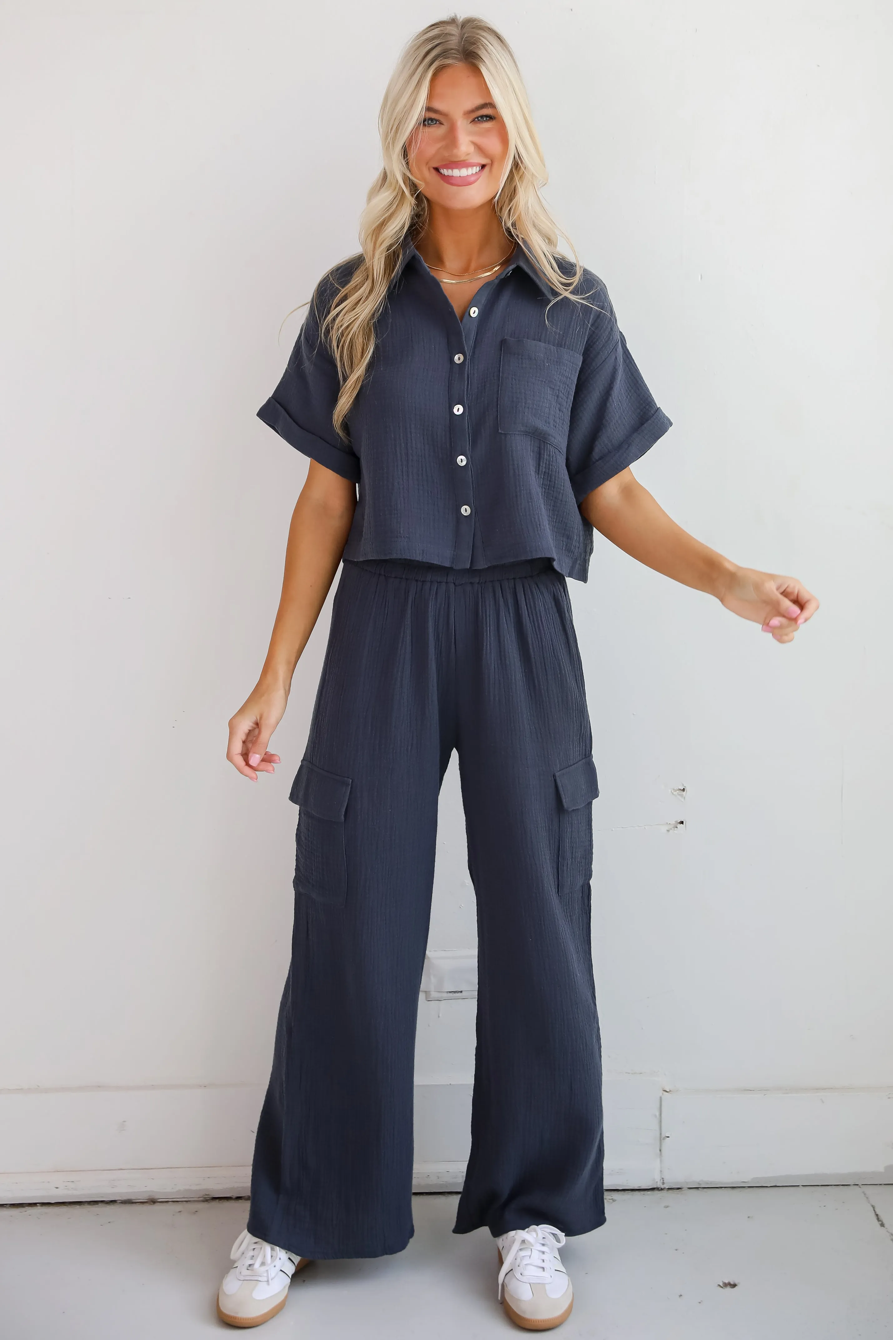 FINAL SALE - Too Perfect Charcoal Linen Cargo Pants